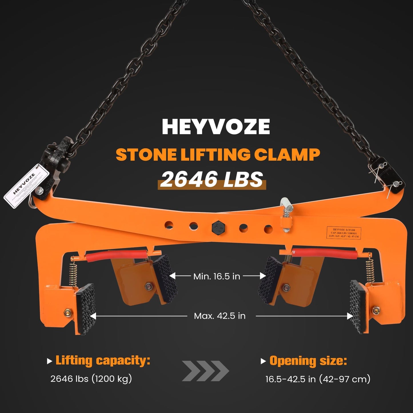 HEYVOZE 2646 lbs Granite Slab Lifting Clamp, Adjustable Range: 16.5"-42.5", Heavy Duty Stone Lifting Clamps for Carrying and Vertical Transport of Marble, Concrete Blocks, Slate Sheets, Curb Stones
