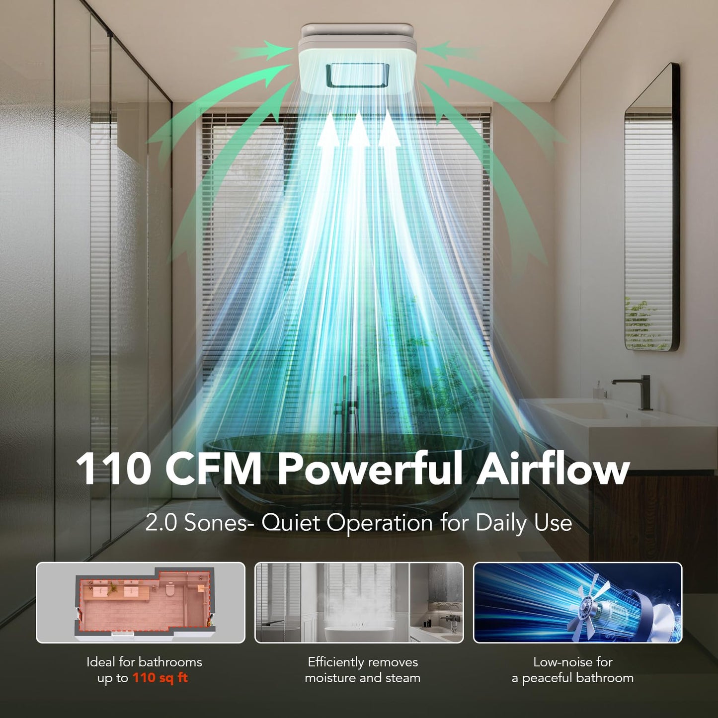 OREiN Matter Smart Bathroom Exhaust Fan with Light (No Speaker), 110 CFM Quiet Bathroom Vent Fan, 2700K–6500K, DIY RGB Lighting, Voice/App/Remote Control, Works with Alexa, Google & Apple Home