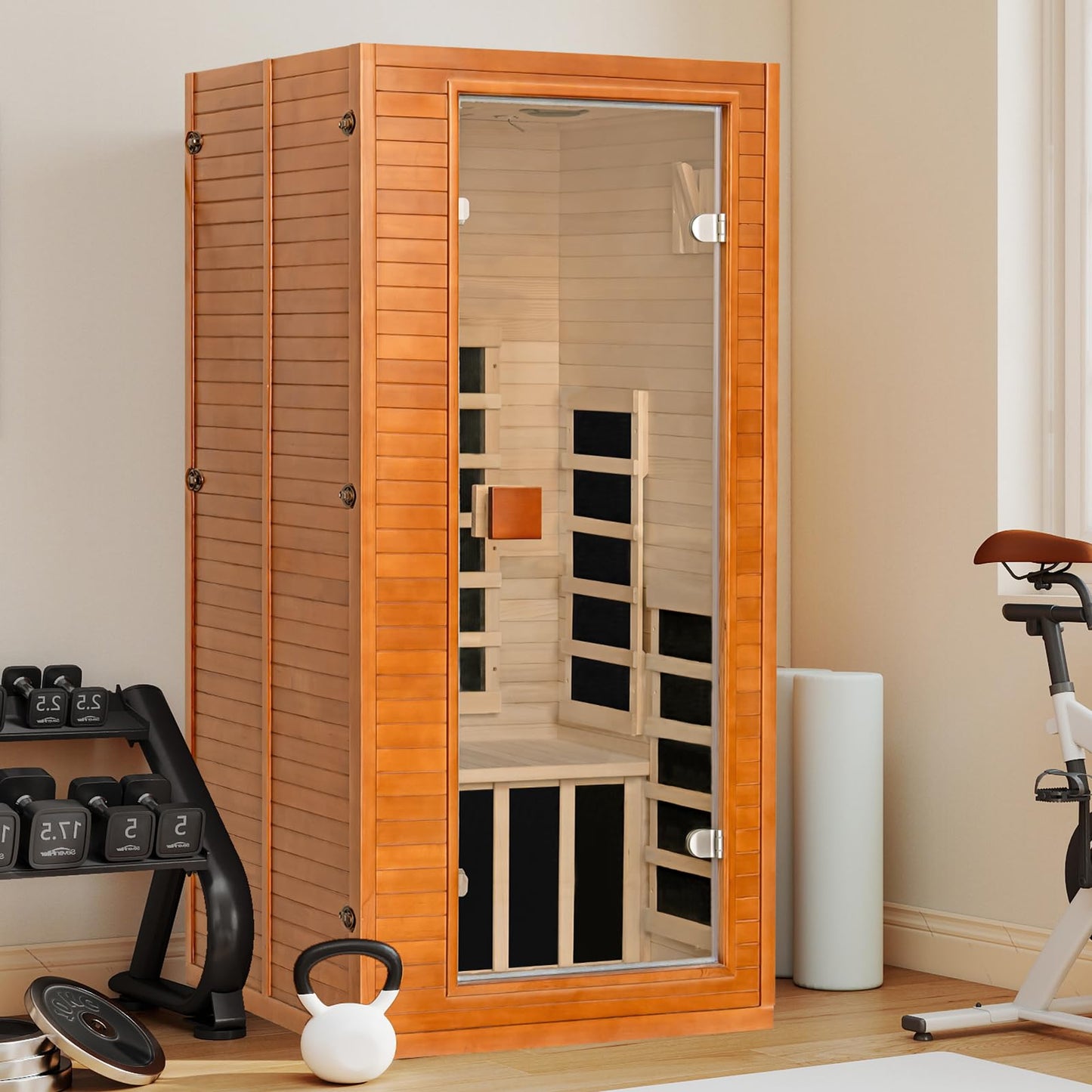 Real Relax Infrared Sauna with 660 & 850nm Red Light Therapy, Full Spectrum Sauna with 7 Heater, 1290w 120v, Fast Heat-Up, 1 Person Canadian Hemlock Wood Dry Sauna for Indoor, Home Gym, 31.5*30.3*67"
