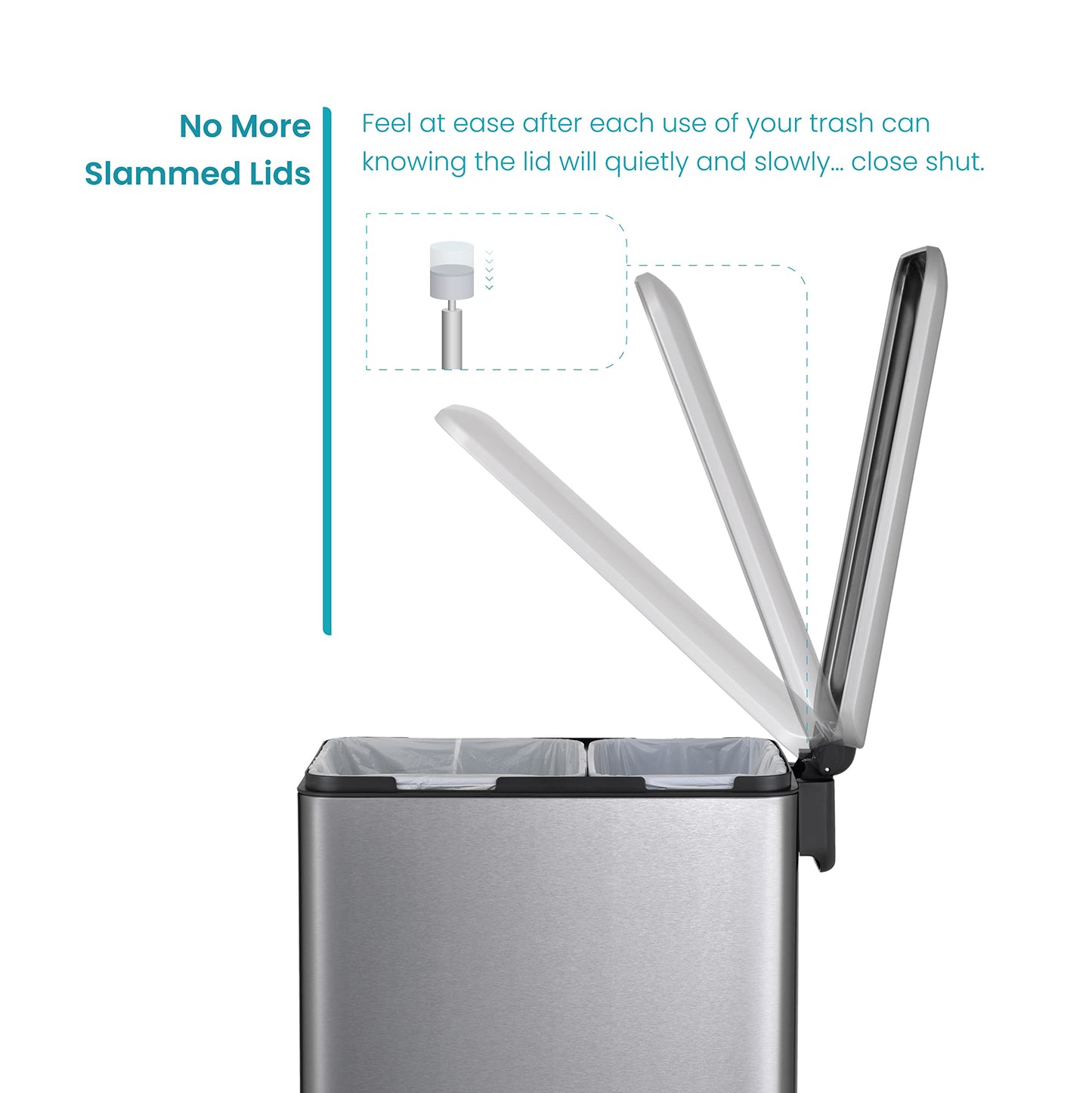Home Zone Living 13 Gallon Slim Kitchen Trash Can with Dual Compartments for Trash and Recycling, Soft Close Lid, Step Pedal, Stainless Steel, Silver