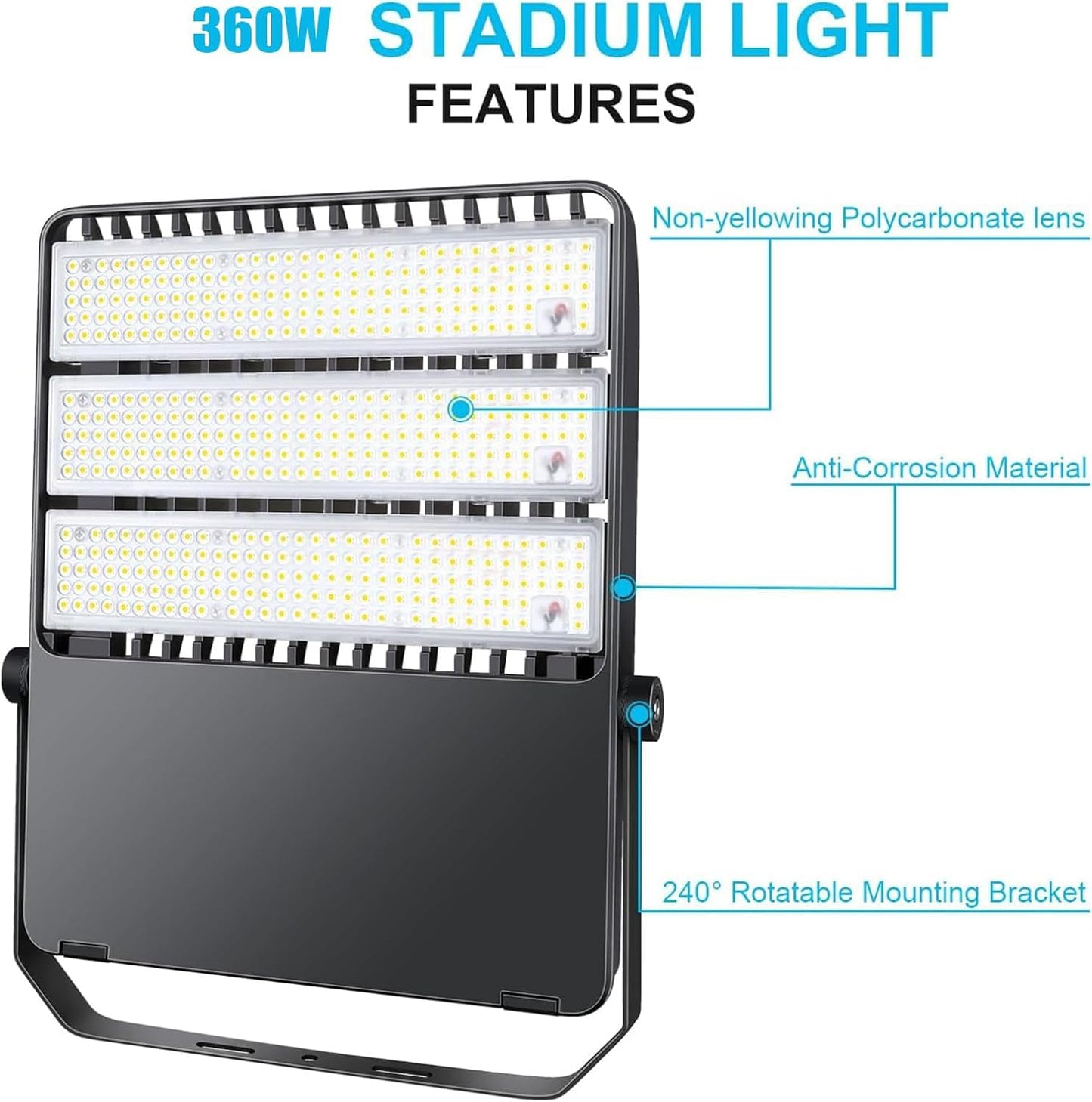 ledmo 360W LED Flood Lights Outdoor, Super Bright 50400LM Stadium Lighting, Commercial Sports Floodlight with Adjustable Bracket Light up Yard, Arena, Barn, IP65 Waterproof 5000K Tri-Modular (2Pack)