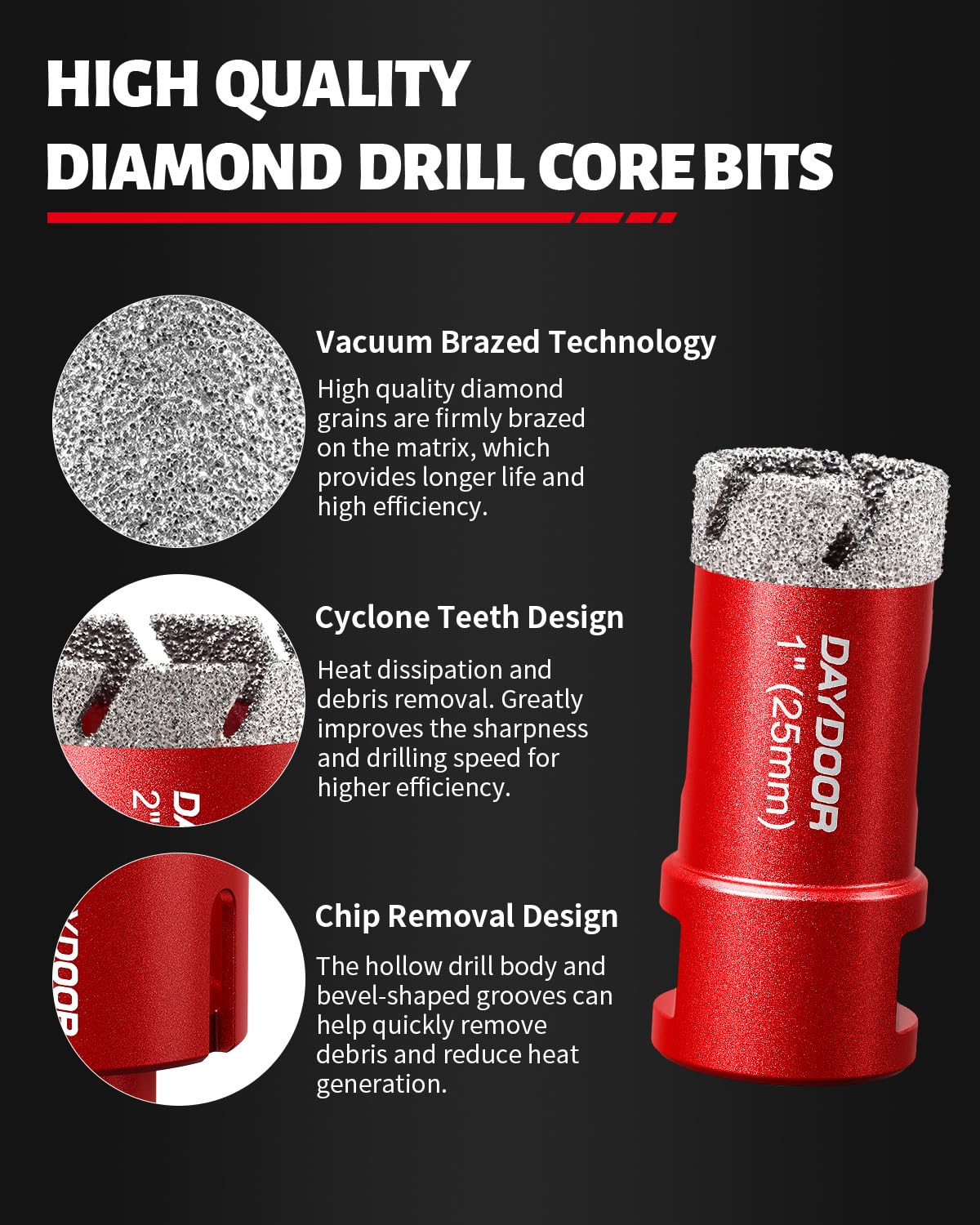 DAYDOOR Diamond Hole Saw Kit, 15-Piece Tile Hole Saw Kit 1/4" 5/16" 4/5" 1" 1-3/8" 2" 3" 4",Vacuum Brazed Core Drill Bits for Porcelain Tile, Granite, Marble, Stone(Red)