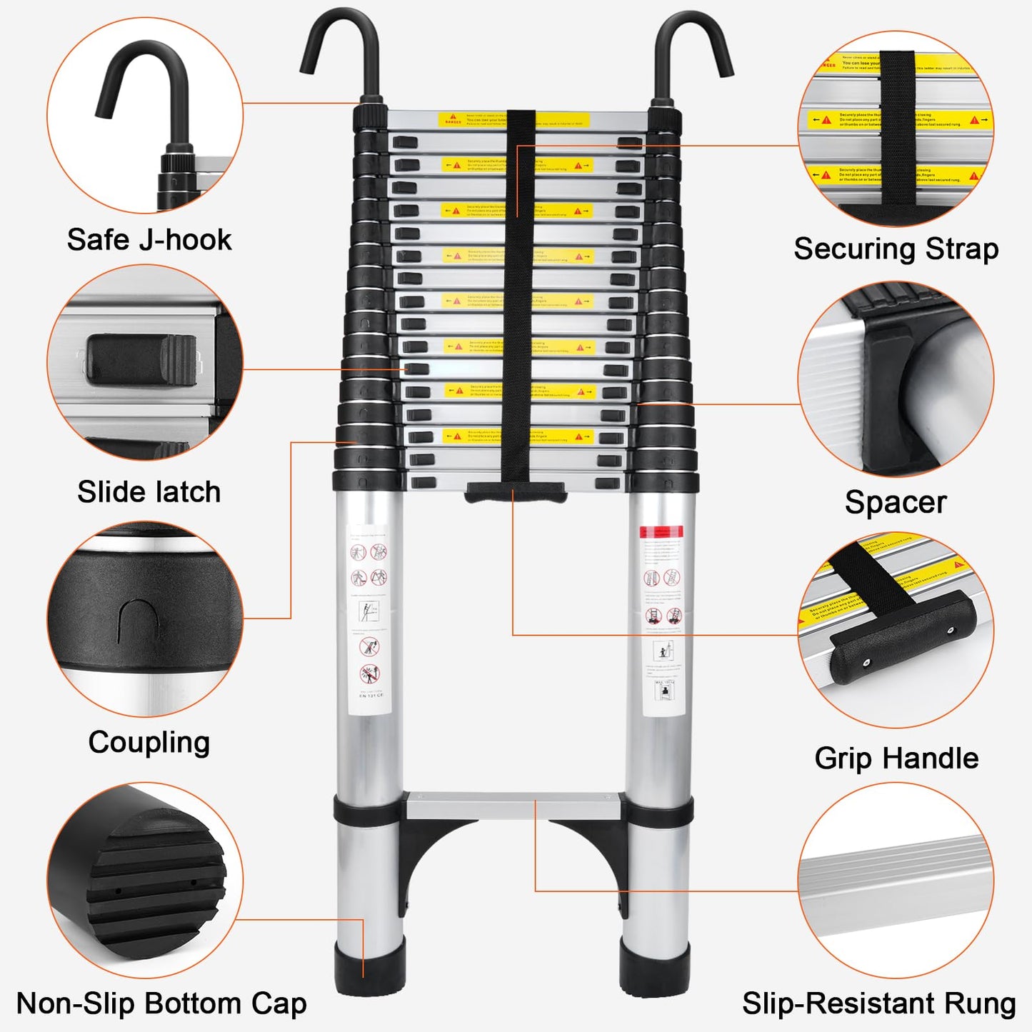 Telescoping Ladder 26.2FT Aluminum Lightweight Extension Ladder with Hooks 330 Lbs Heavy Duty Non-Slip Feet Folding Ladder Multi-Purpose Collapsible for Home RV Attic Outdoor Use (26.2 FT with Hooks)