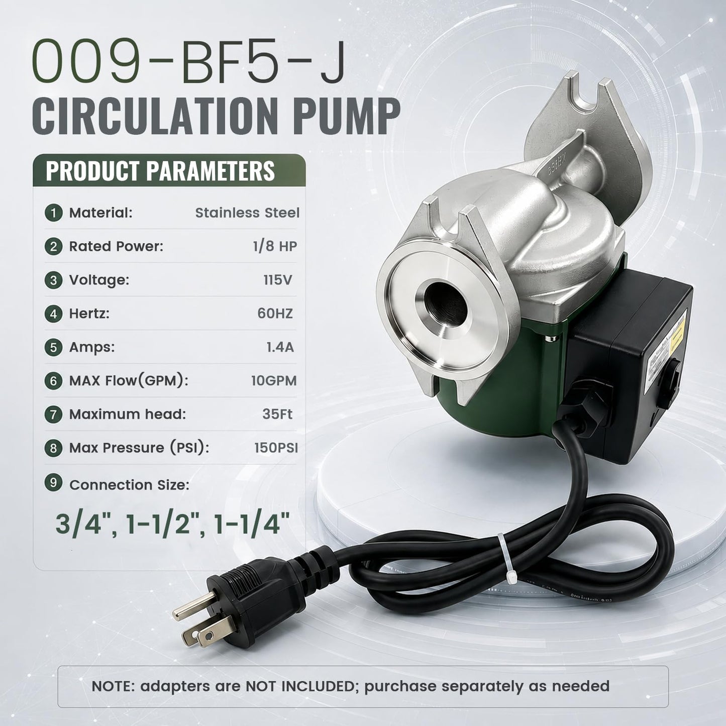 009-BF5-J Circulator Pump 1/8HP Stainless Steel Compatible with Taco 009-F5 115V 1.4A 1Phase Domestic Hot Water/Radiant Heating/Hydraulic Heating/Fan Coil Heating/Solar Energy & Other System Types