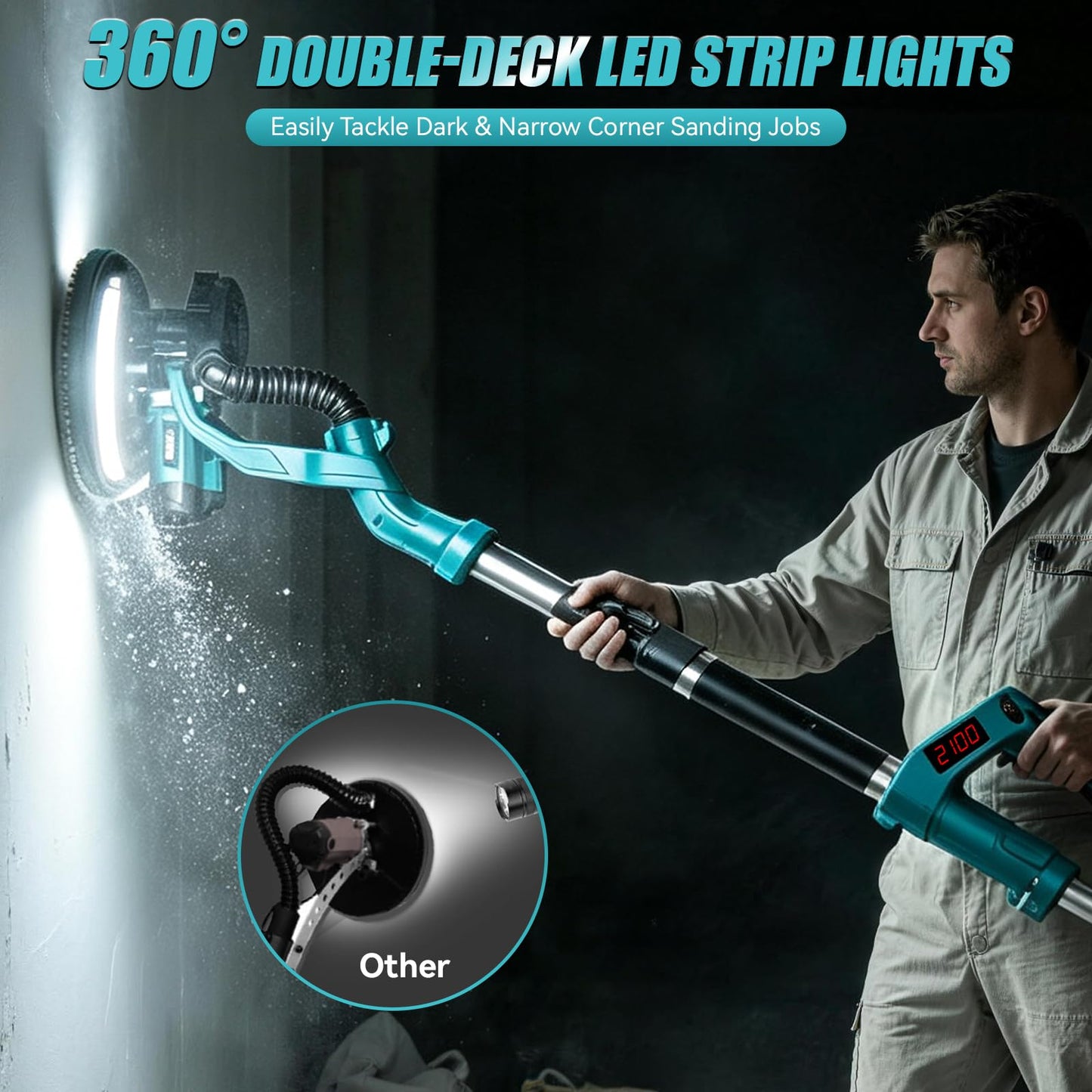 Drywall Sander, 1000W Popcorn Ceiling Removal Tool, Electric Drywall Sander with Vacuum Dust Collection & Digital Display Screen, 30Pcs Sanding Discs, 9 Variable Speed 800-2100RPM, Extendable Handle
