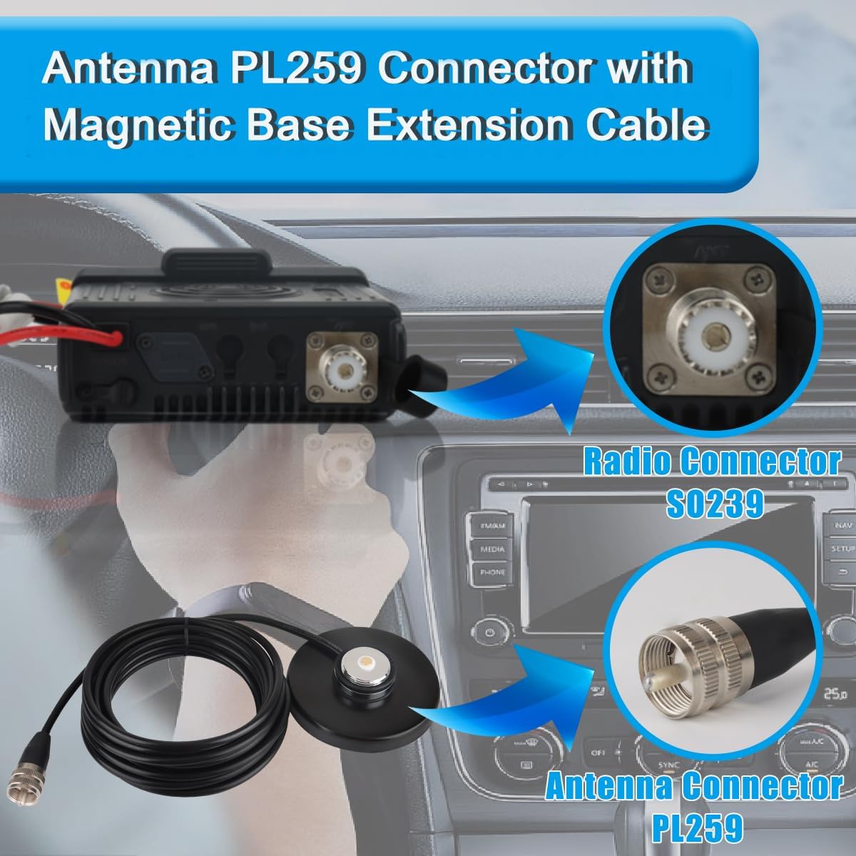 Arridioter 90mm PL259 16.4FT/5 NMO Antenna Mount Magnetic Base with Male Connector, Meters Coaxial Cable, Dust Cover