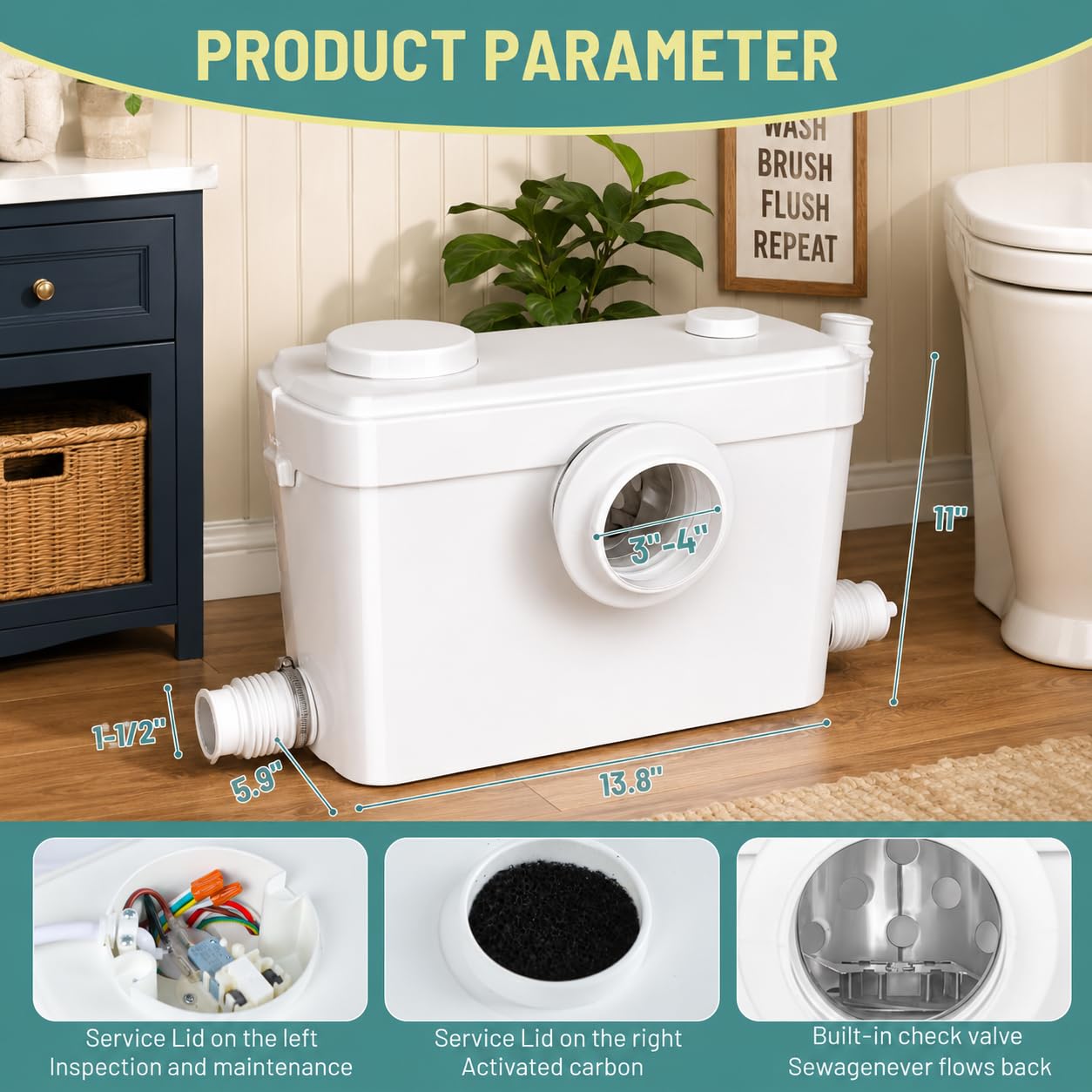 Macerator Pump for Basement & Bathroom Upflush Toilet - Quiet 3-Inlet Waste Water Disposal for Sink, Bathtub, Wash Basin | Powerful Home & Apartment Sewage Pump
