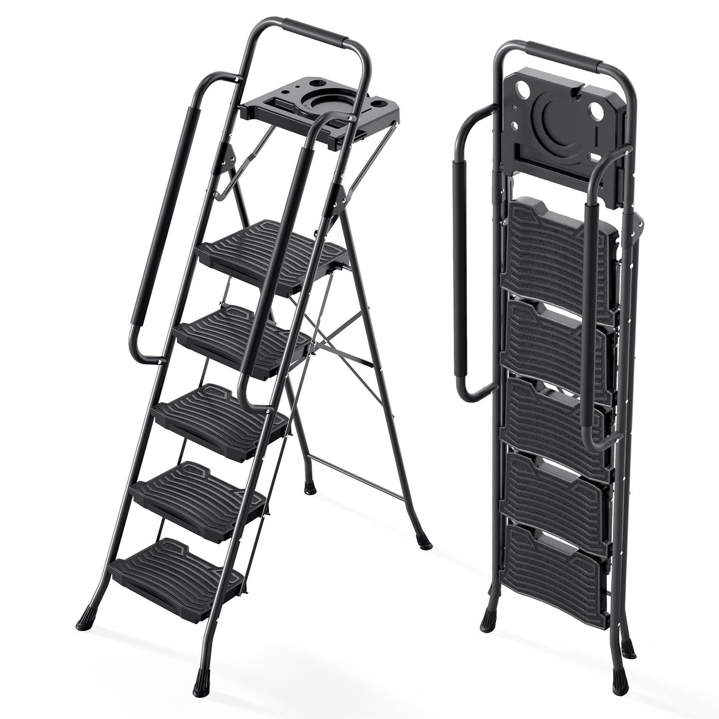 KINGRACK 5 Step Ladder with Tool Platform, 900 lbs Sturdy Step Stool with Handrail, Folding Steel Ladder with Wide Pedal, Safety Ladder for Adults Home Outdoor Painting Garage Office
