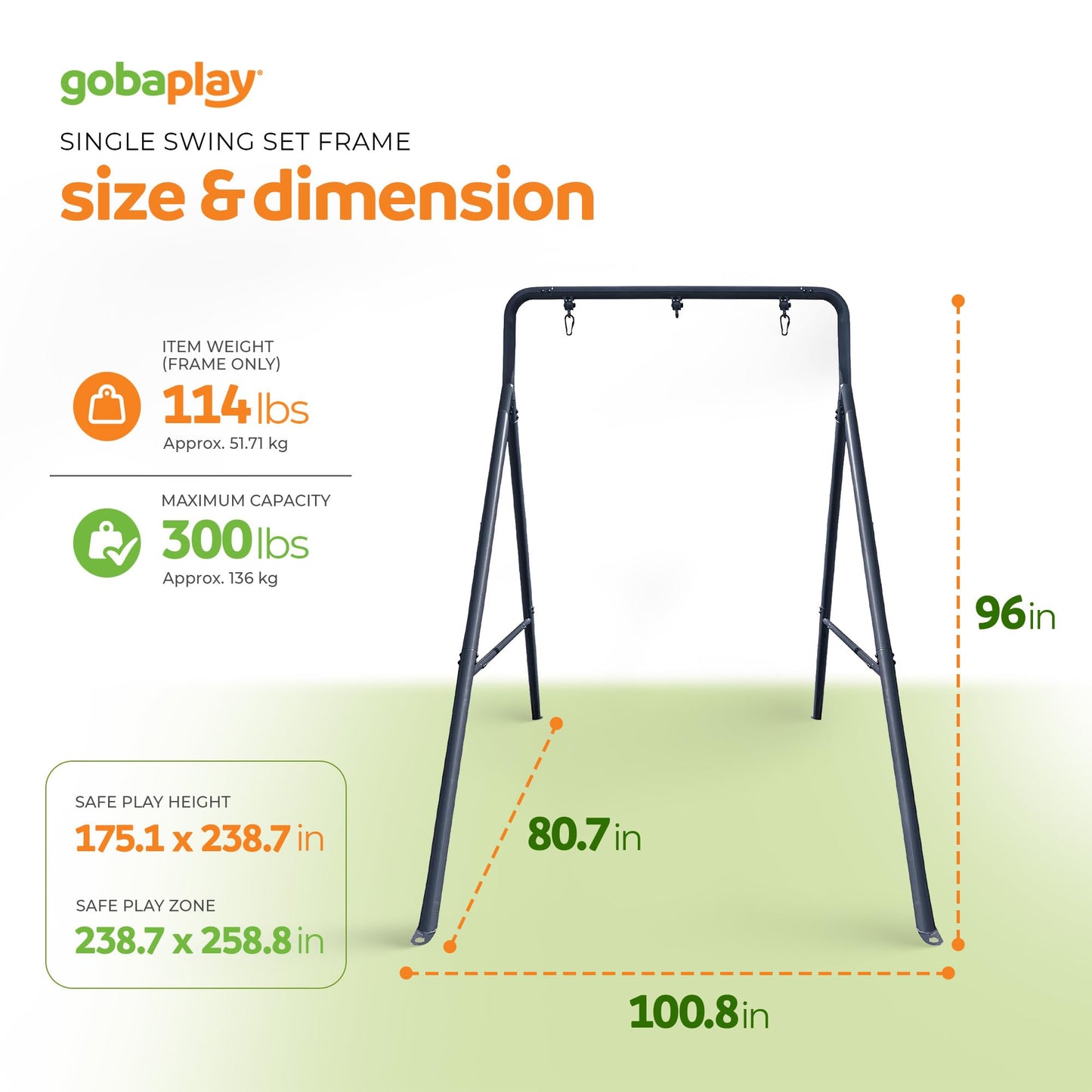 gobaplay Single Swing Set Frame, TitanFlex 6.7ft x 8.4ft Modular Metal Swingset - Outdoor & Backyard Playground Equipment for Kids (Frame Only)