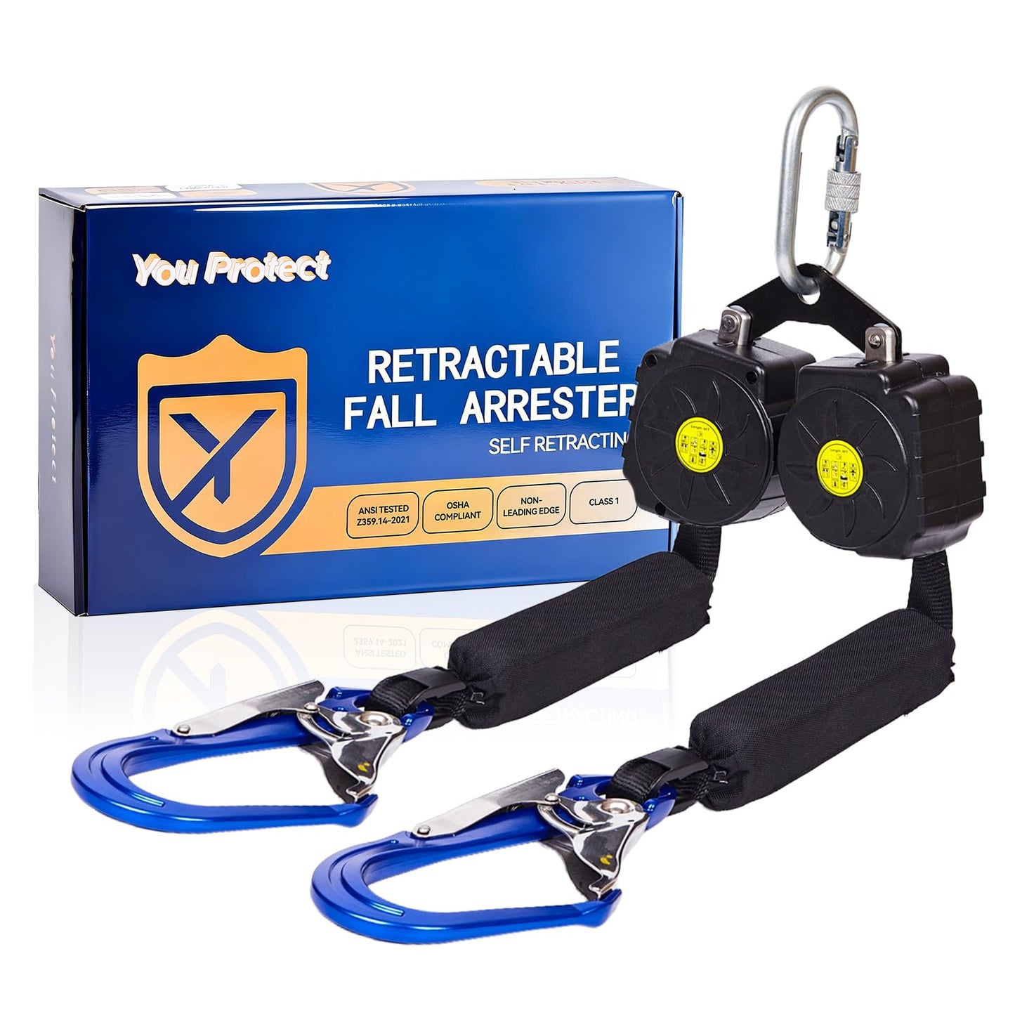 Fall Protection Retractable Lanyard - 6FT Dual Leg SRL Self Retracting Lifeline for Roofing and Construction, Dual Aluminum Hooks, Shock Absorber | OSHA & ANSI Compliant SRL
