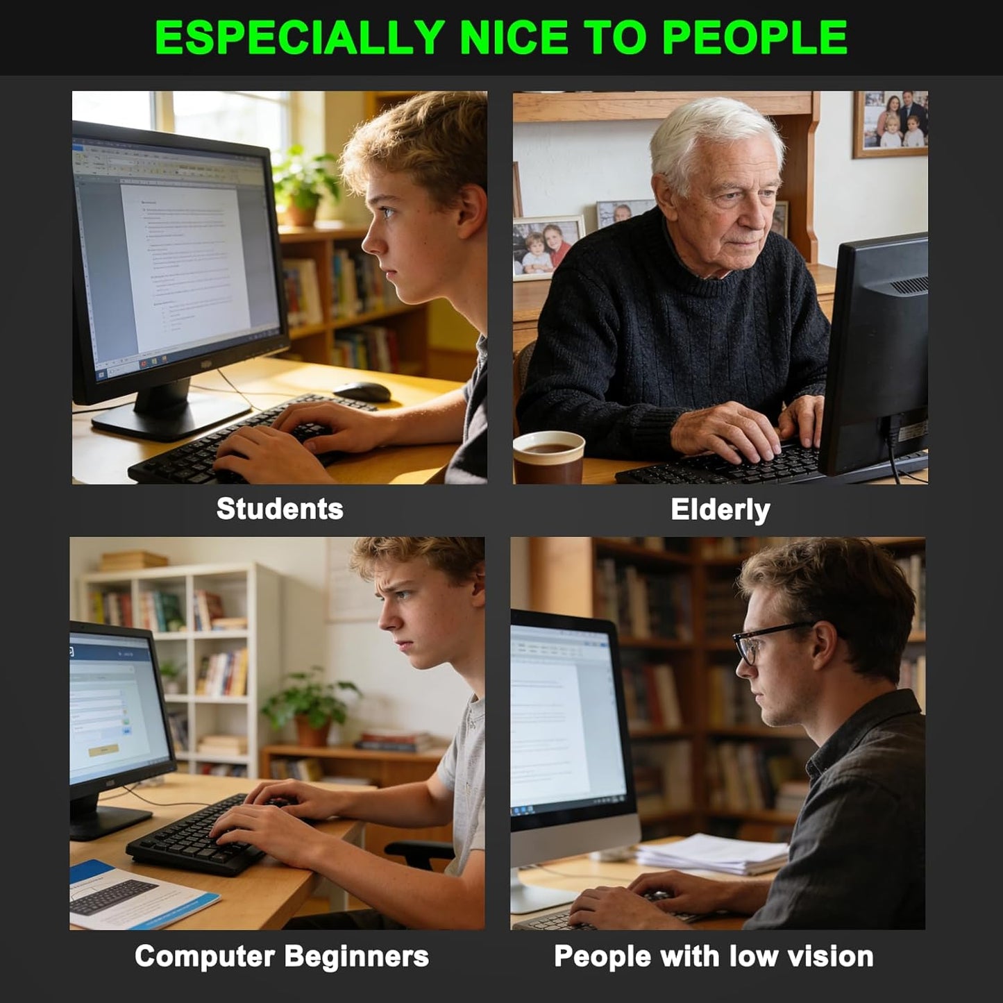 QUASIO 4X Large Print Ergonomic Keyboard, Full Size Keyboard with Wrist Rest, Silent Wired USB Computer Keyboard
