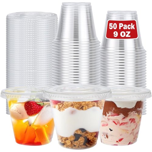 Clawsoff 50 Pack 9 oz Disposable Clear Plastic Parfait Cups with Flat Lids, Yogurt Parfait, Putting Cups for Cake, Cold Drink, Ice Cream, Fruit, Salad