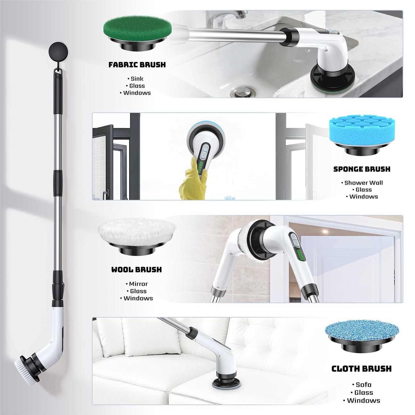 Highyes Electric Spin Scrubber, Powerful 2-Speed Cleaning Brush, IPX7 Waterproof with 7 Reusable Brush Heads & Extendable Handle, for Bathroom Toilet Shower Kitchen Wall Tile Floor Grout (White)
