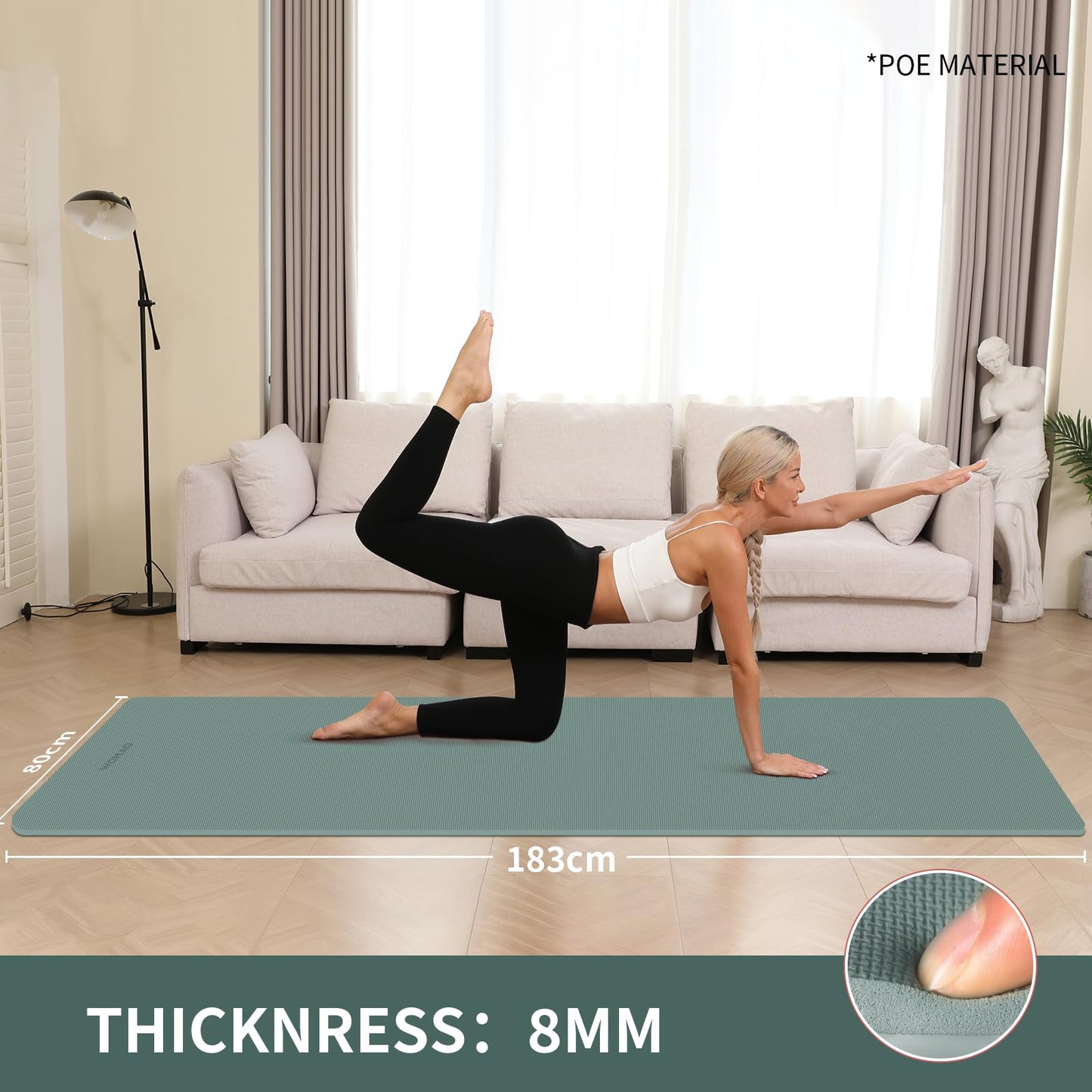 WOHAO 8mm Thick Non-Slip Yoga Mat - Large 72"x32", Eco-Friendly & Odorless with Carrying Strap, Extra Wide & Durable for Yoga, Pilates & Home Gym (Dark Green)