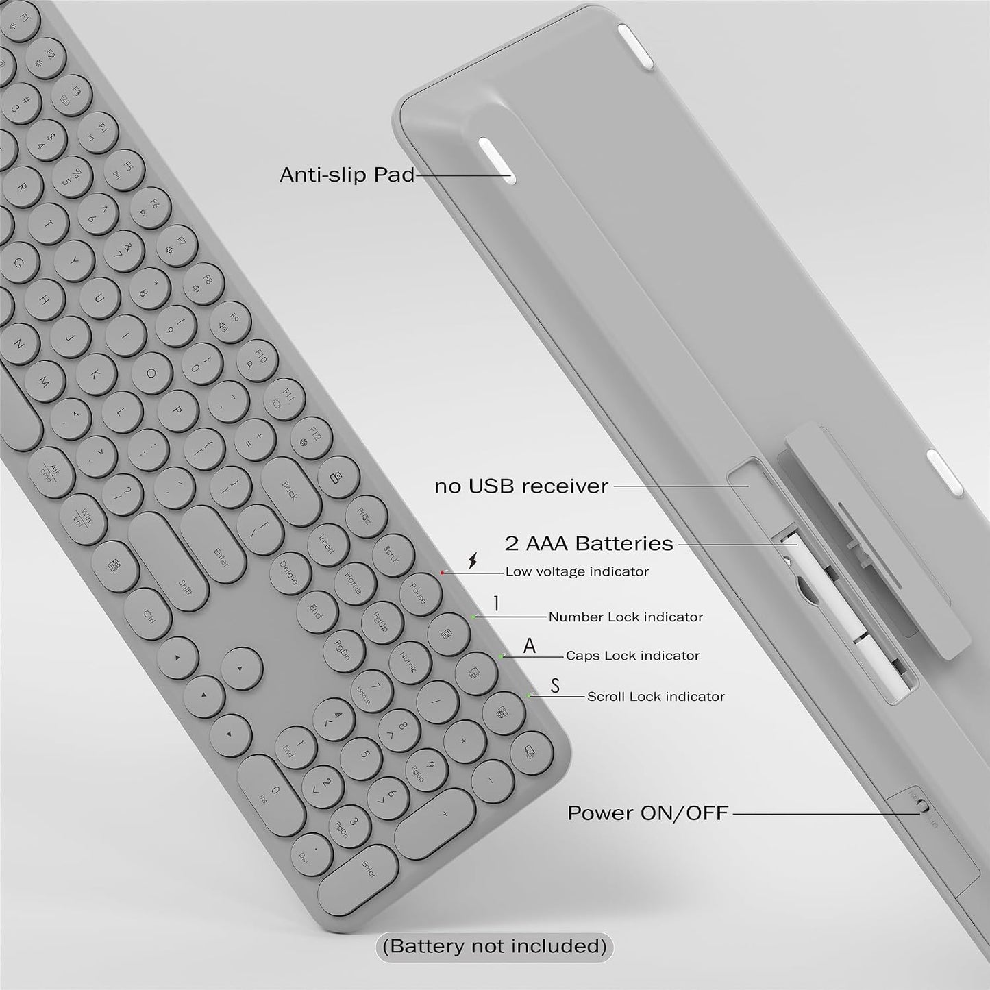 KEQTFT 110 1xUSB Wireless Keyboard and Mouse Combo, Round Quiet Keys, Adjustable Optical Mouse, Share Receiver, Power