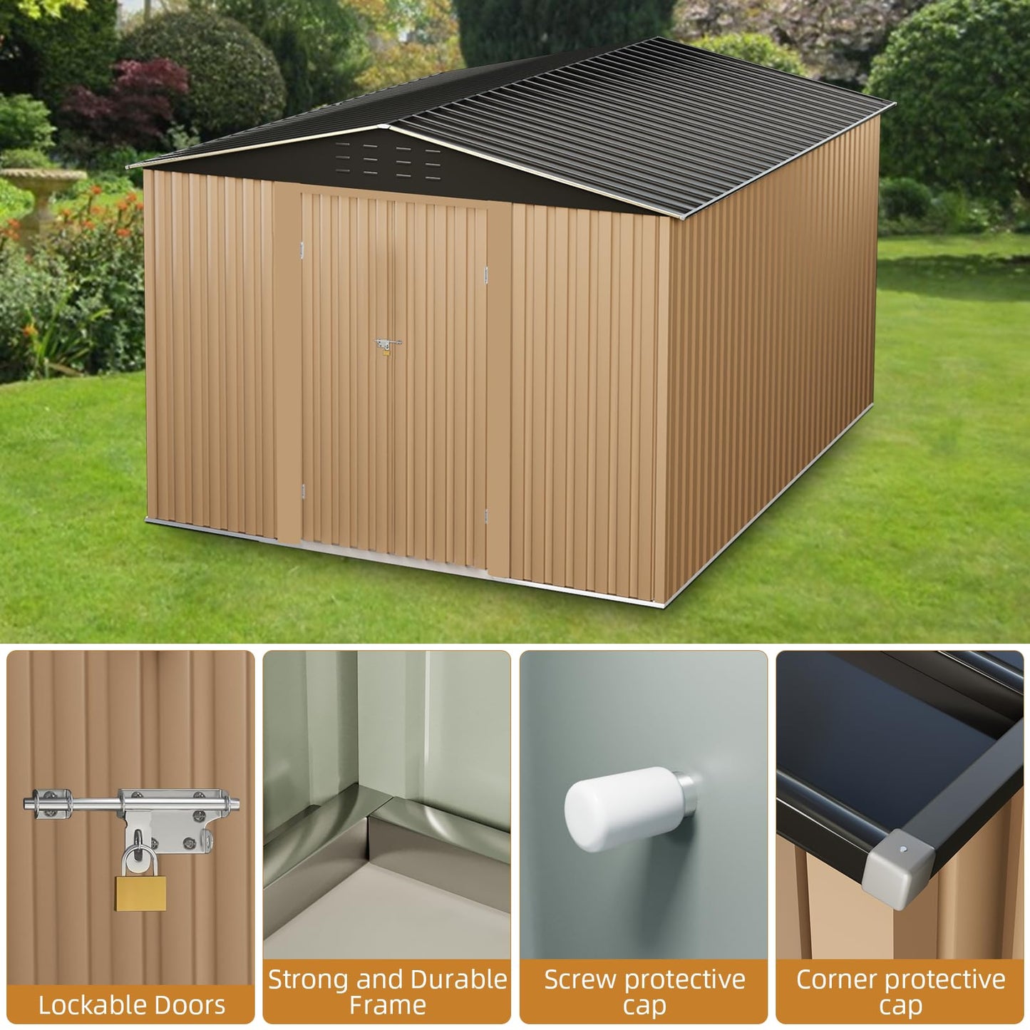 8X12FT Outdoor Metal Storage Shed, Lockable Weatherproof Garden Shed for Tools & Equipment, Durable Galvanized Steel with Sloping Roof & Ventilation, Ideal for Backyard, Patio & Garage Storage, Brown