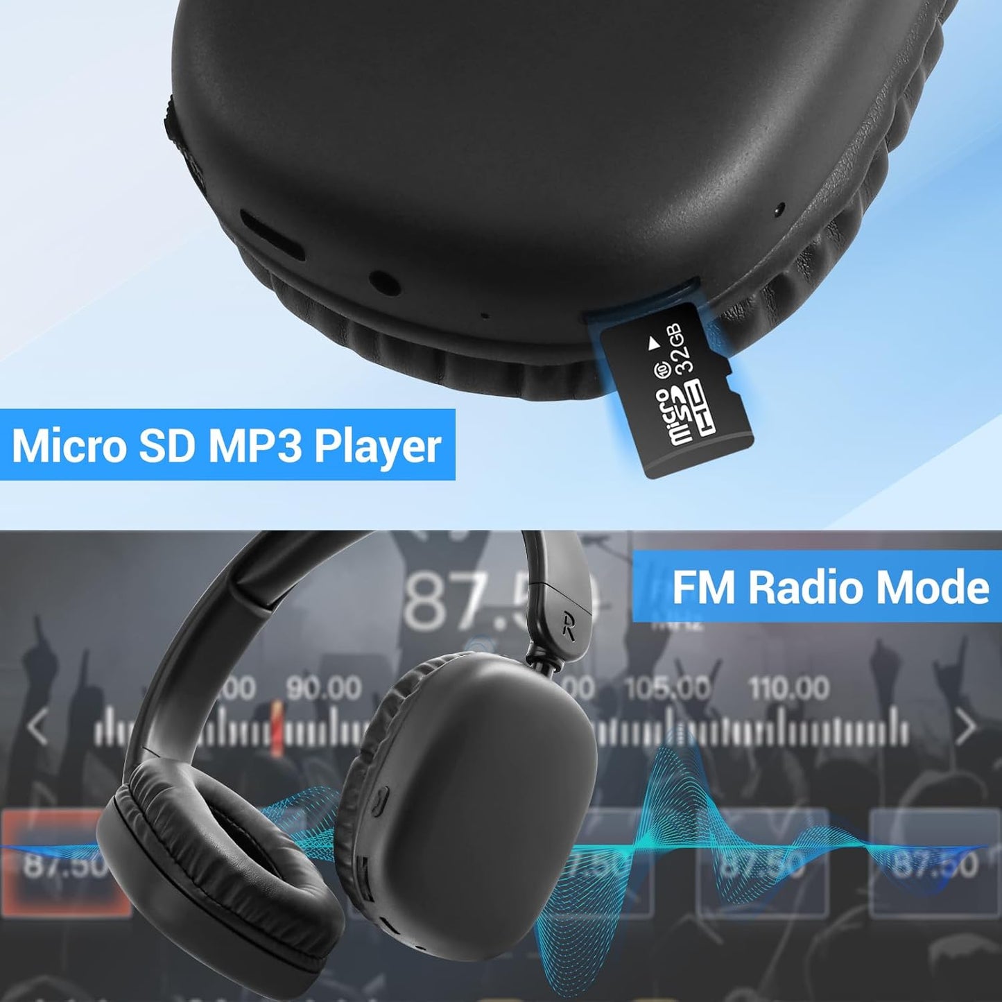 AOGKTON MP3 FM Radio Player Headphones Micro SD Card,Wireless and Wired Lightweight Headphone with Deep Bass and Built