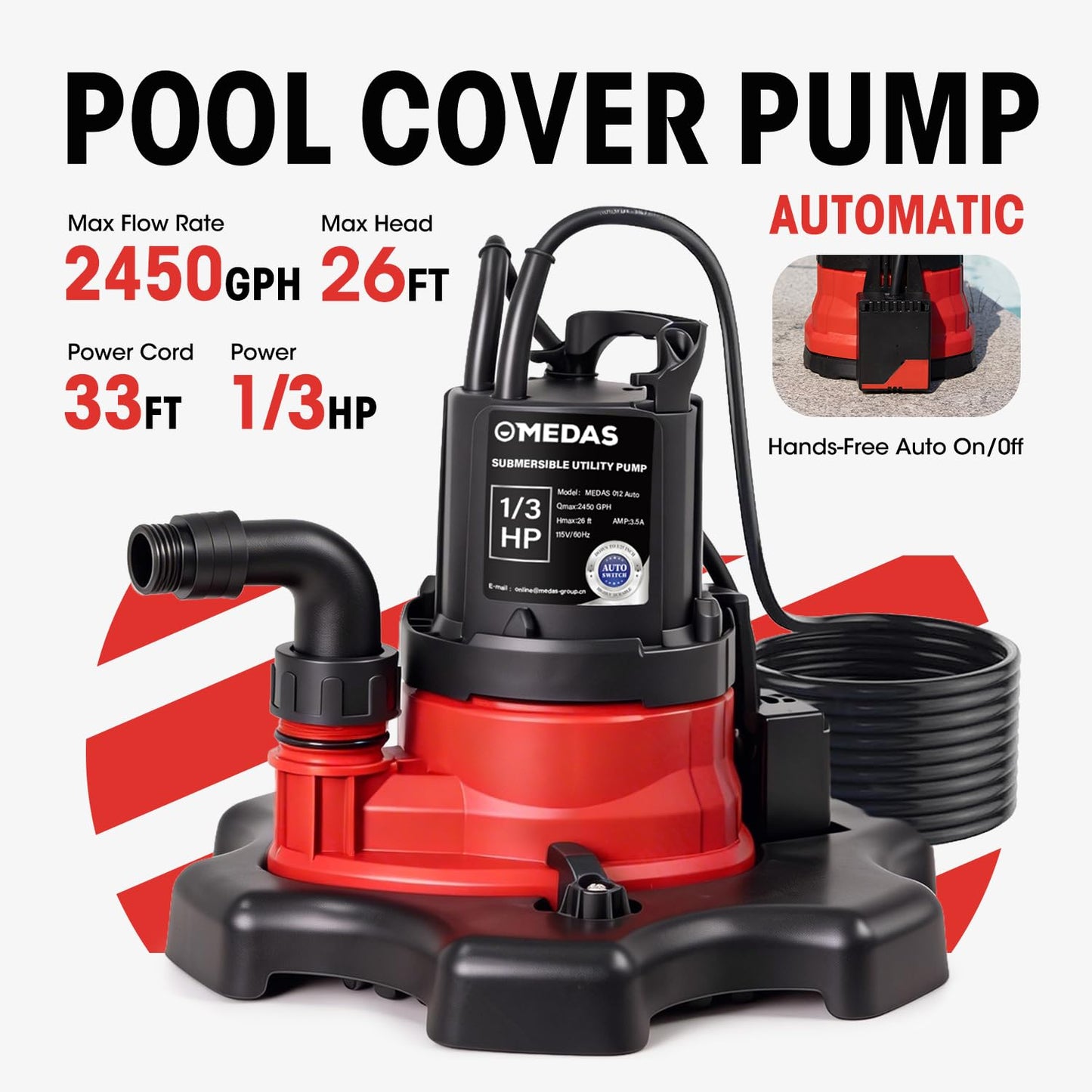MEDAS Auto On/Off Portable Pool Cover Pump for Swimming Pool, Garden Pond, Basement Water Removal with 33ft Power Cord 1/3HP