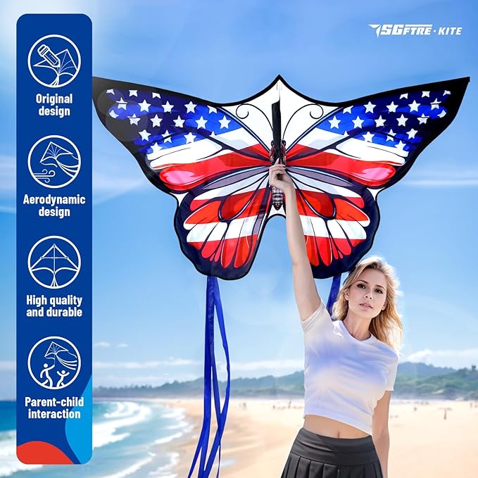 American Flag Butterfly Kite for Kids & Adults,Extremely Easy to Fly for Beginners，Outdoor Fun Kite Present Summer Kites Butterfly for Kids Toy