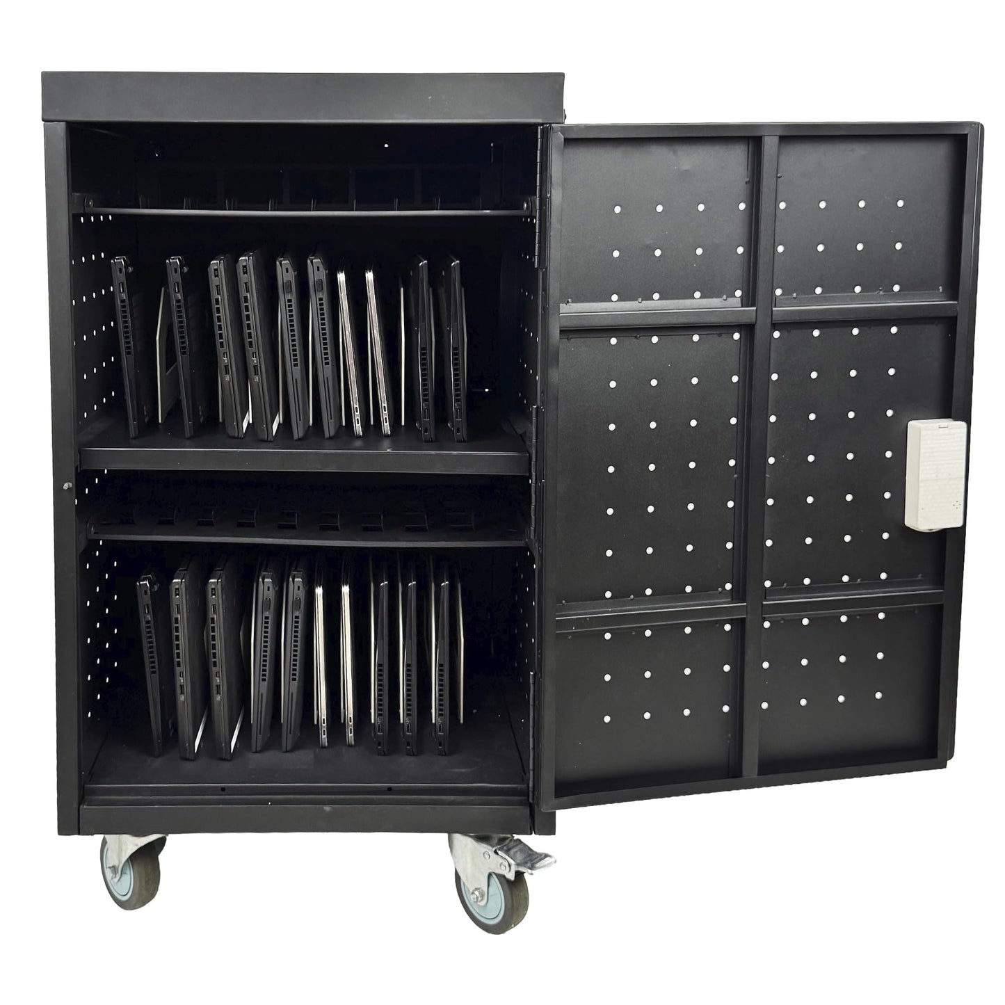 Pearington 20 Device Mobile Charging and Storage Cart for iPads, Chromebooks and Laptop Computers, Up To 17-Inch Screen Size, Surge Protection, Front & Back Access Locking Cabinet, Black
