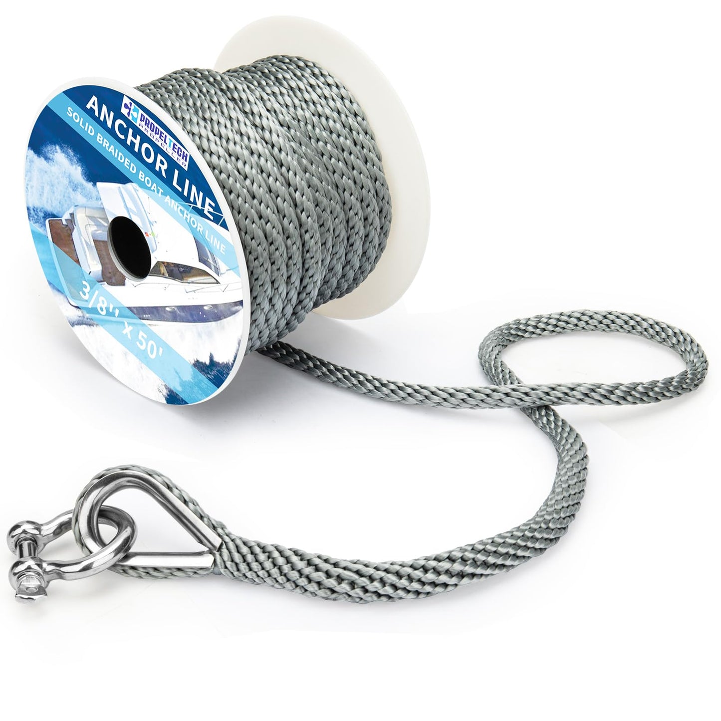 Boat Anchor Rope 3/8 inch 50ft Premium Solid Braid Nylon MFP Boat Rope with Stainless Steel Thimble & Shackle, Quality Marine Line, Grey,Boat Accessories