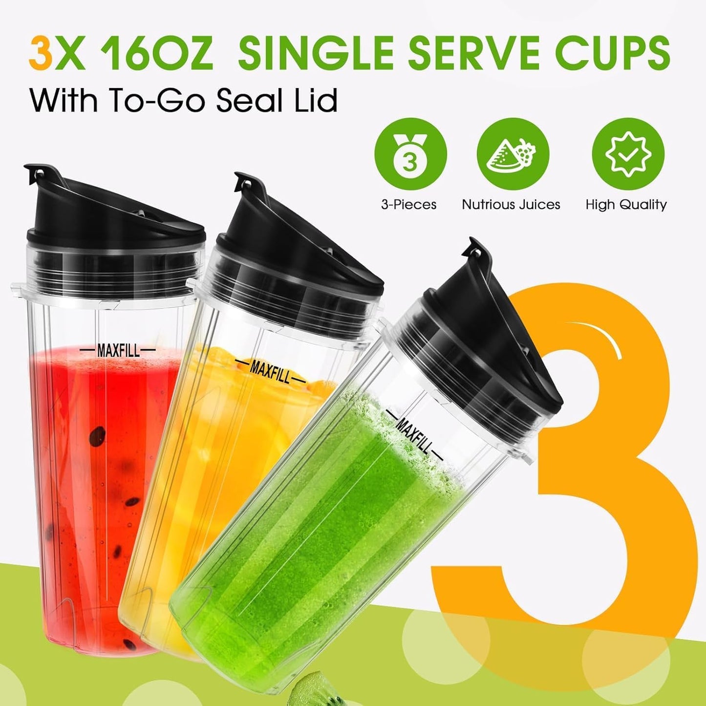 Ninja Blender Cups - 16oz Replacement 3-Pack with Lids | Compatible with QB3001SS, BL770, BL780, BL660, BL740, BL810, Nutri Ninja Series