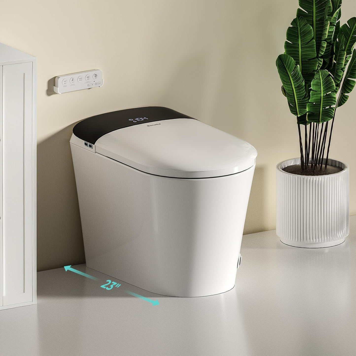 Bazyths Smart Compact Toilet for Small Bathroom, 23" Depth Shallow Toilet with Foam Shield Auto Open/Close Lid, 12" Rough In, Built-in Tank, Heated Seat Foot Sensor Flush One-Piece (ZY695A Mini)