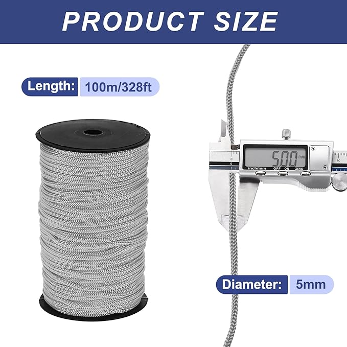 MECCANIXITY 3/16 Inch Polypropylene Rope Braided Ropes, 328ft Nylon Rope Hollow Utility Cord for Clothesline, Camping, Hiking, Outdoor, Light Grey