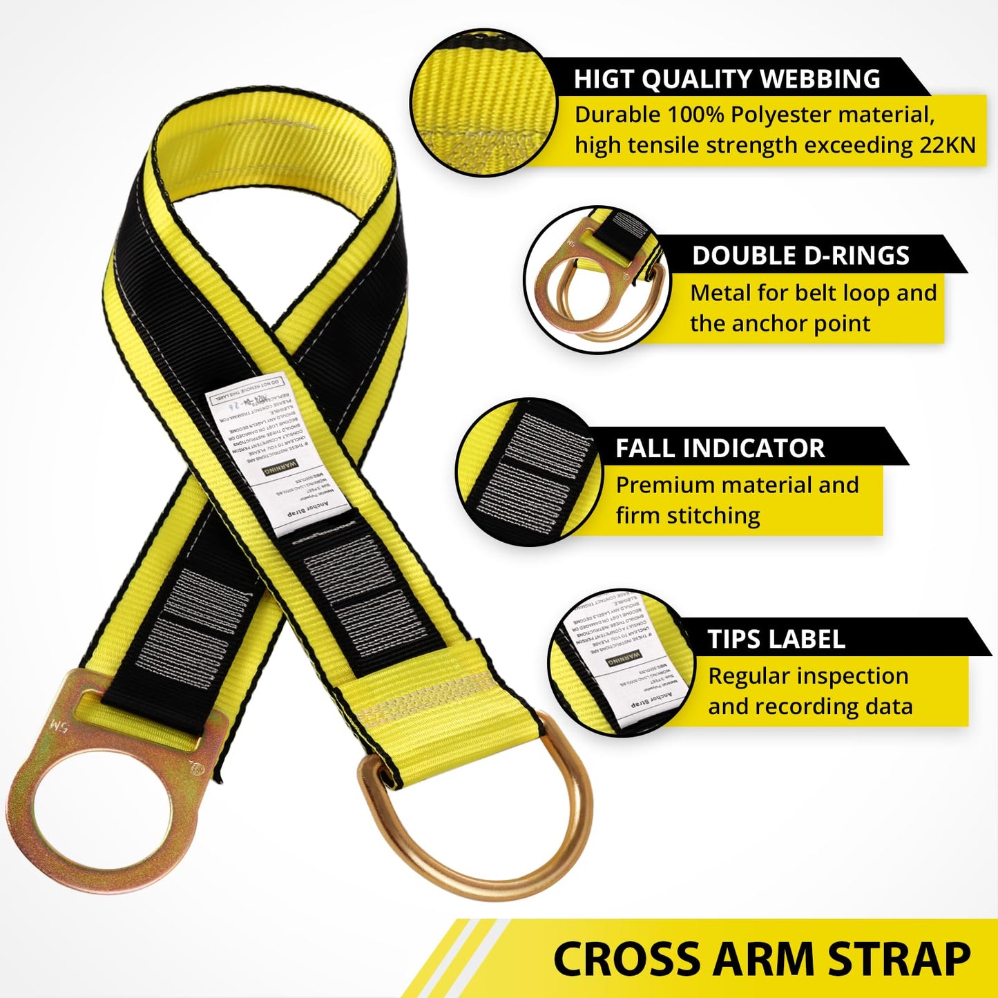 TRSMIMA Safety Strap Fall Protection - 6ft Cross Arm Strap Anchor Strap Anchorage Webbing with Double D Ring for Heavy Duty for Safety Harness