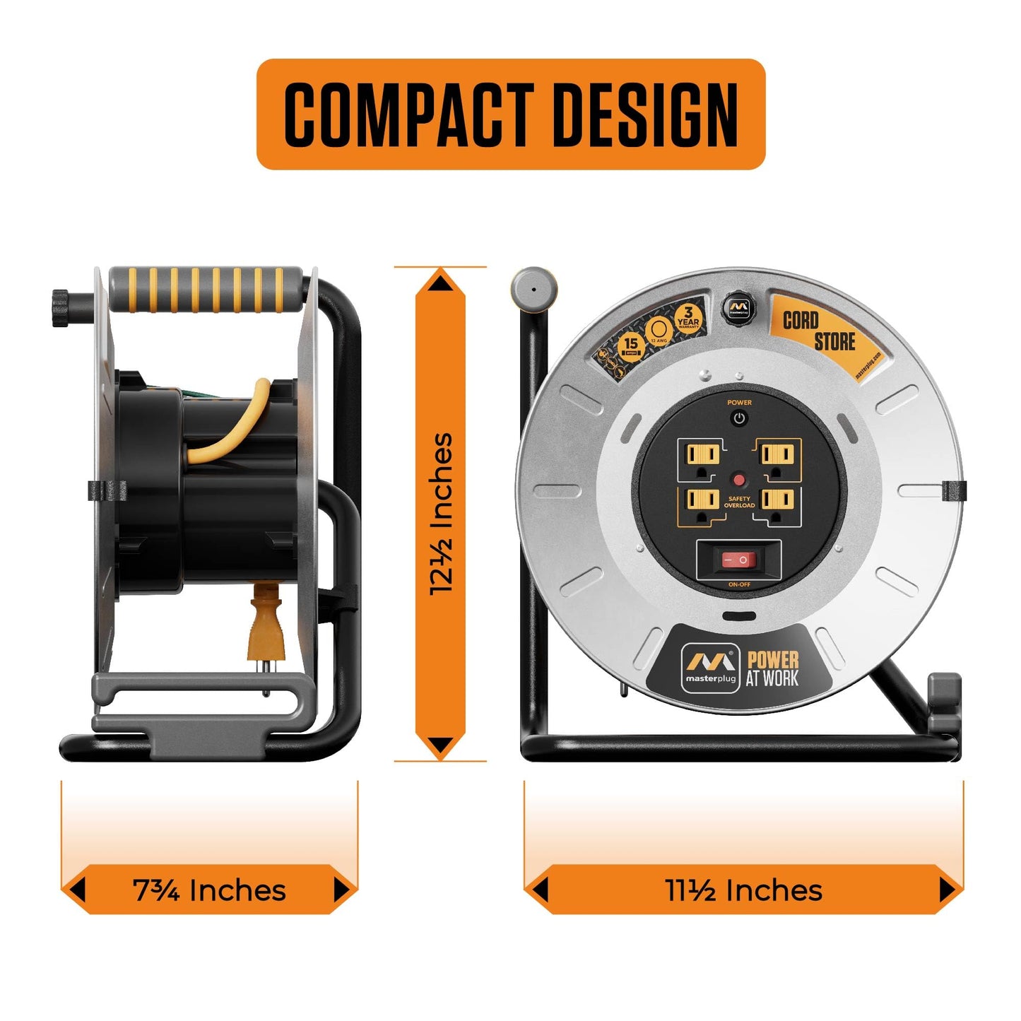 Masterplug 1ft Cord Reel, Metal Cable Drum, Retractable Extension Lead with Winding Handle, Safety Overload Circuit Breaker and Power Switch, 4x Grounded Outlets, 15amps, 12AWG Cable