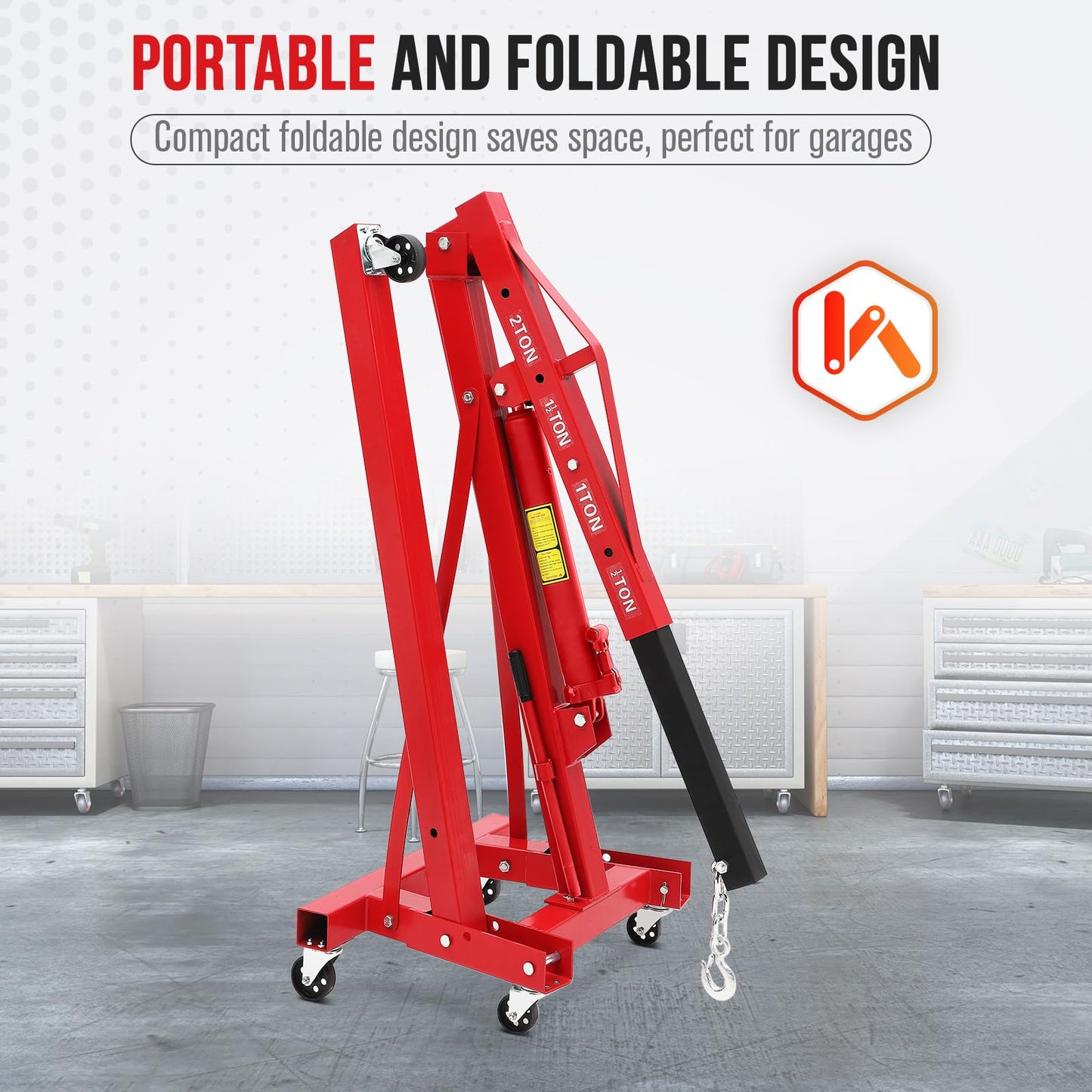 ExploreHorizon 2-Ton Folding Hydraulic Engine Hoist, Portable Engine Shop Crane with 6 Casters & Telescopic Boom, 4400 Lbs Foldable Cherry Picker Hoist Lift for Home Garage Workshop, Warehouse, Red