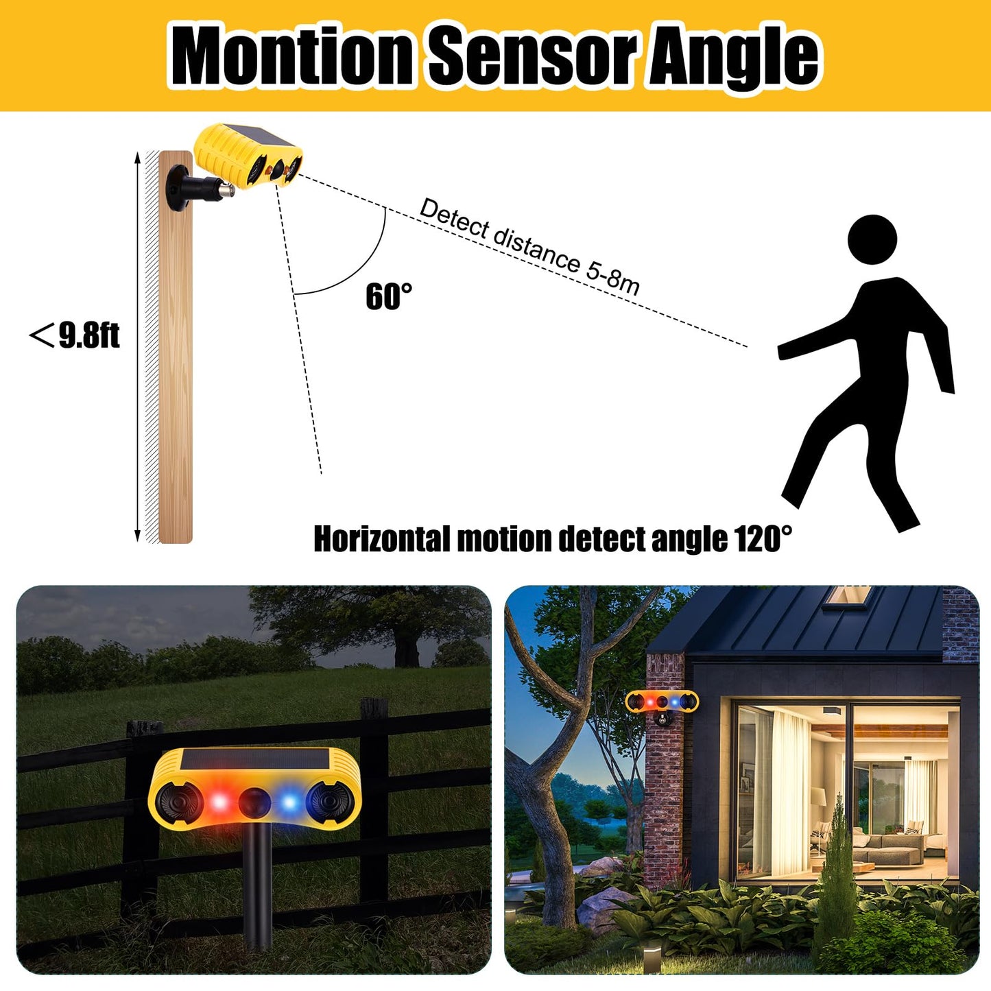Qualirey 8 Pack Solar Outdoor Motion Sensor Alarm with Stake Animal Deterrent 2 x 129dB Loud Noisemaker 13 Sound Detector Strobe Light, 4 Mode Dog Barking Alarm Sensor on Ground or Fence
