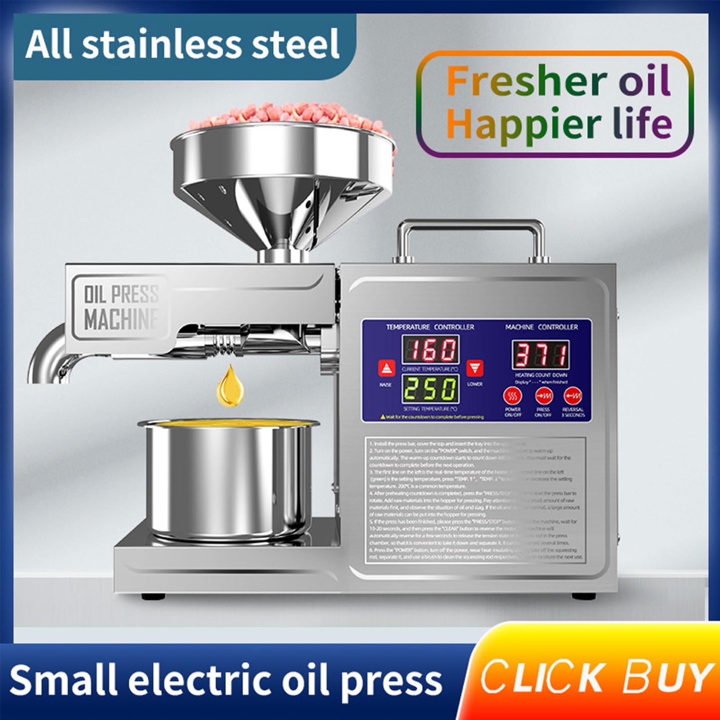 DITOSH Oil Press Machine Oil Extractor Commercial Automatic Stainless Steel Cold Press Oil Machine Electric Seed Oil Maker Silver Oil Pressure Machine for Home Use 820 W 110 V US Plug