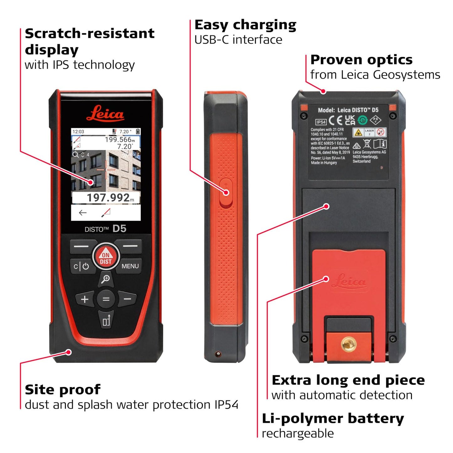 Leica Disto D5 - Range 650ft, Bluetooth, Smart Horizontal, Add/Subtract, Volume, Outdoor Camera viewfinder with 4X Zoom, Intelligent end-piece, Hand Loop, Pouch.