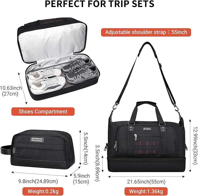 WITZMAN Travel Duffle Bags for Men Weekender Bags with Toiletry Bag Sets Carry On Overnight Bag 55L （B696 Black）