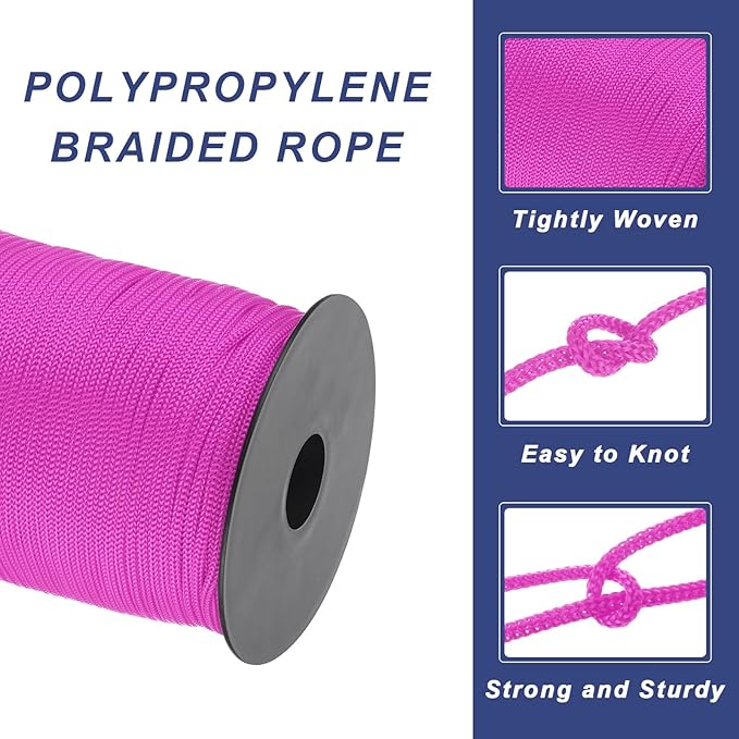 MECCANIXITY 1/8 Inch Polypropylene Rope Braided Ropes, 328ft Nylon Rope Hollow Utility Cord for Clothesline, Camping, Hiking, Outdoor, Rose Red