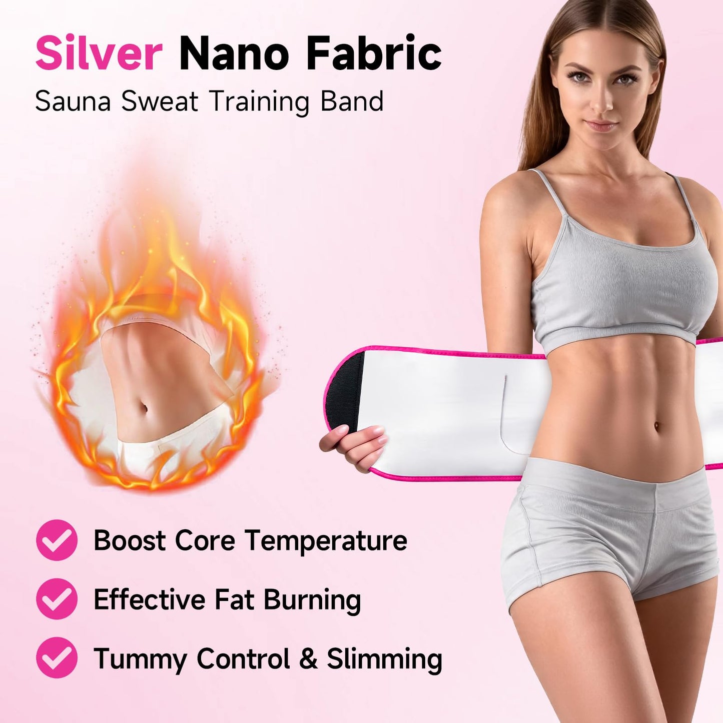 Waist Trainer for Women, Silver Nano Sweat Training Band, Adjustable Belly Wrap for Workout & Postpartum Support (Black/Pink)