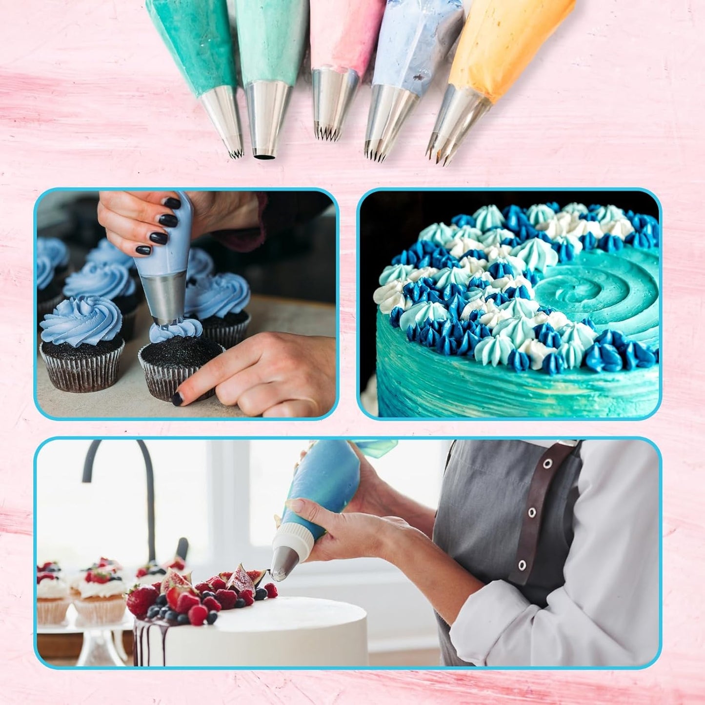 Riccle Piping Bags Set - 124 Pcs Cake Decorating Kit with 16 Tips, Reusable Pastry Bags & Scrapers