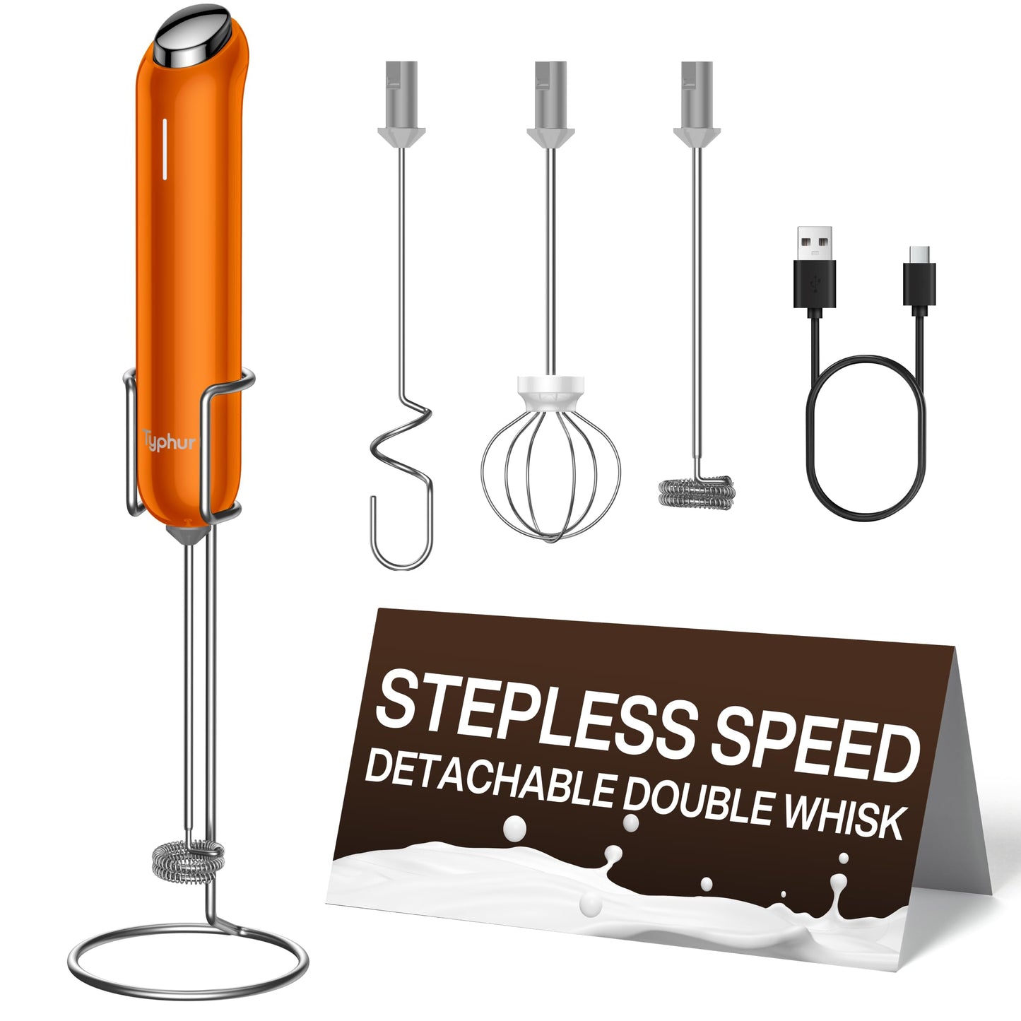 InstaWhisk Milk Frother with Variable Speed, Rechargeable Coffee Frother Wand with Detachable Double Whisk, Drink Mixer Handheld Electric Stirrer for Latte, Cappuccino, Matcha, Almond Milk (Orange)