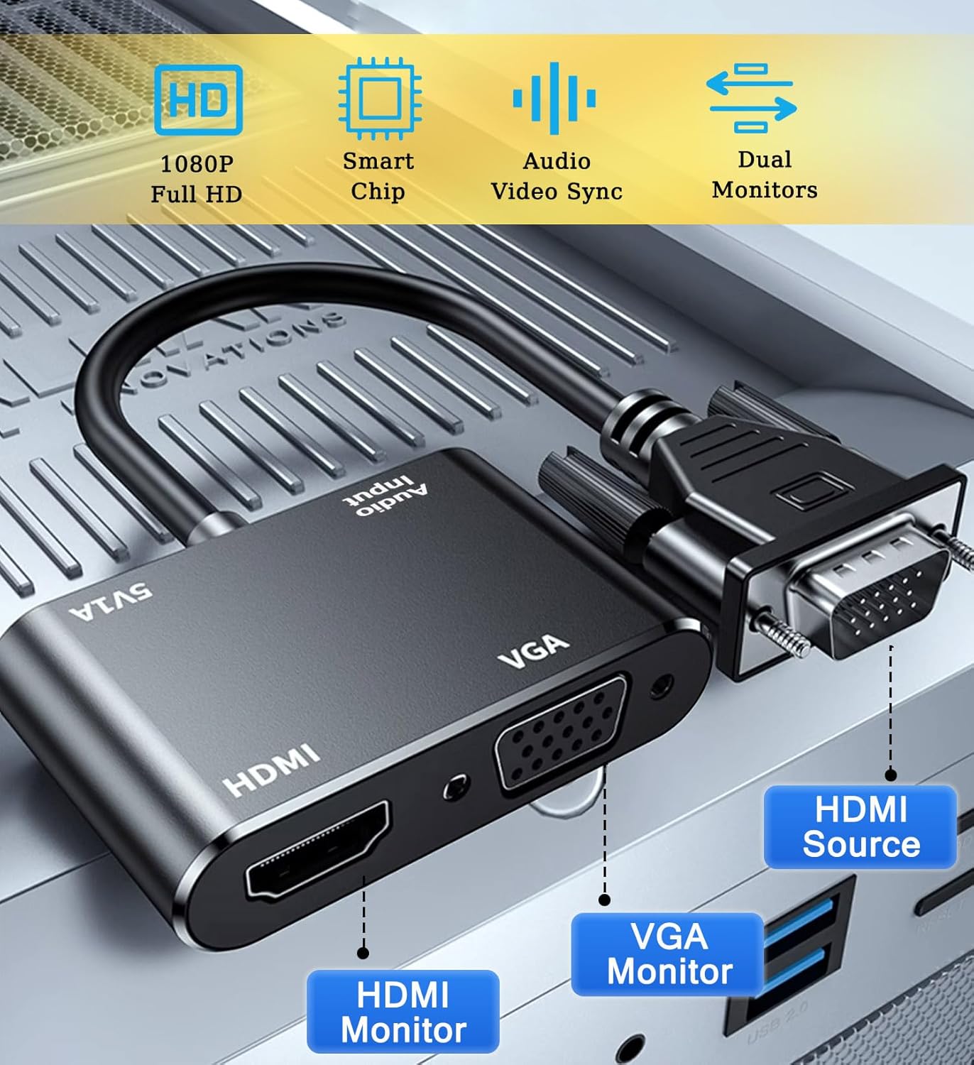 AKWOR 2 1,1080P@60HZ VGA to HDMI+VGA Adapter for Dual Monitors, VGA to HDMI Adapter Splitter in Full HD Display Video