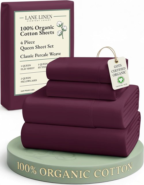 LANE LINEN 100% Organic Cotton Queen Sheets - Classic Percale Weave, Breathable & Soft in Windsor Wine