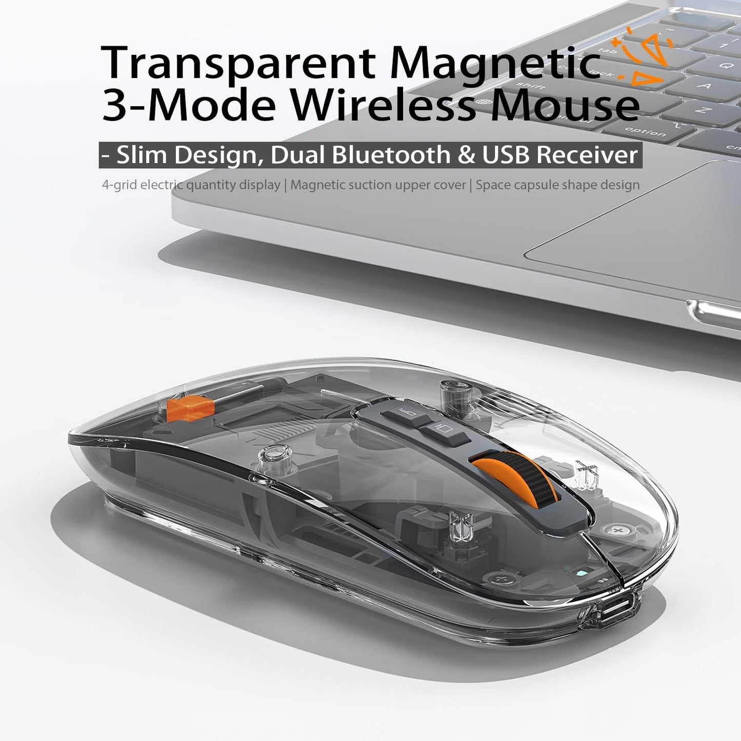 FMOUSE 3-Mode Sleek Transparent Magnetic Wireless Mouse - Connectivity (Dual Bluetooth + USB), DPI Adjust & One-Key