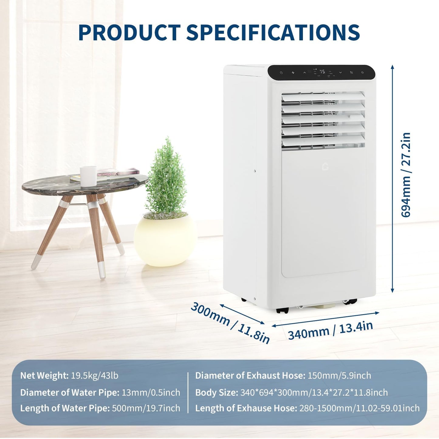 Takywep Powerful & Quiet 10,000 BTU Portable Air Conditioners, 3-in-1 Portable AC Unit with Cool, Fan and Dehumidifier, Up to 450 Sq.Ft, 24H Timer, Remote, LED Display, Quiet 50 dB for Bedroom Office