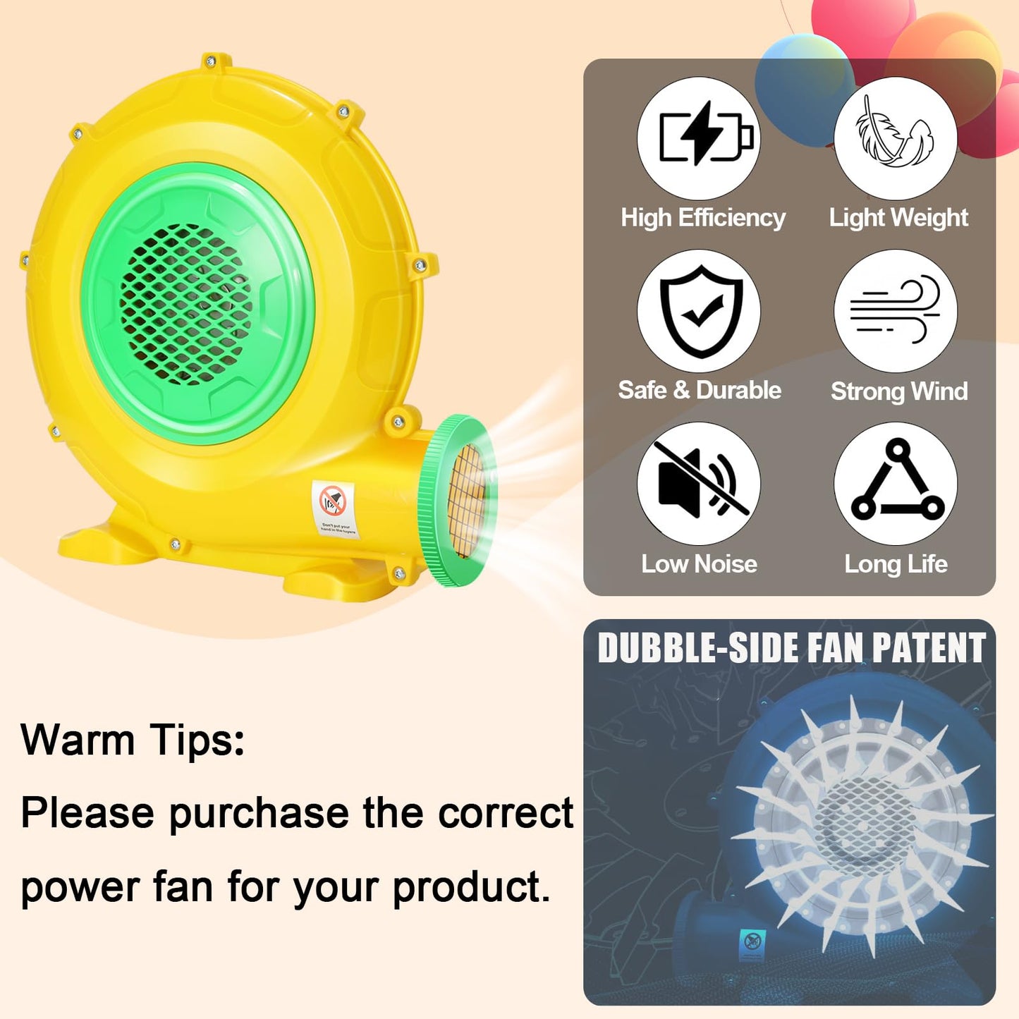 Bounce House Blower, 1100W/1.47HP Commercial Air Blower with Double-Sided Fan Blade Design, Strong Wind and Great Heat Dissipation Properties for Bouncy Castle, Jump Slides, Arch, Inflatables