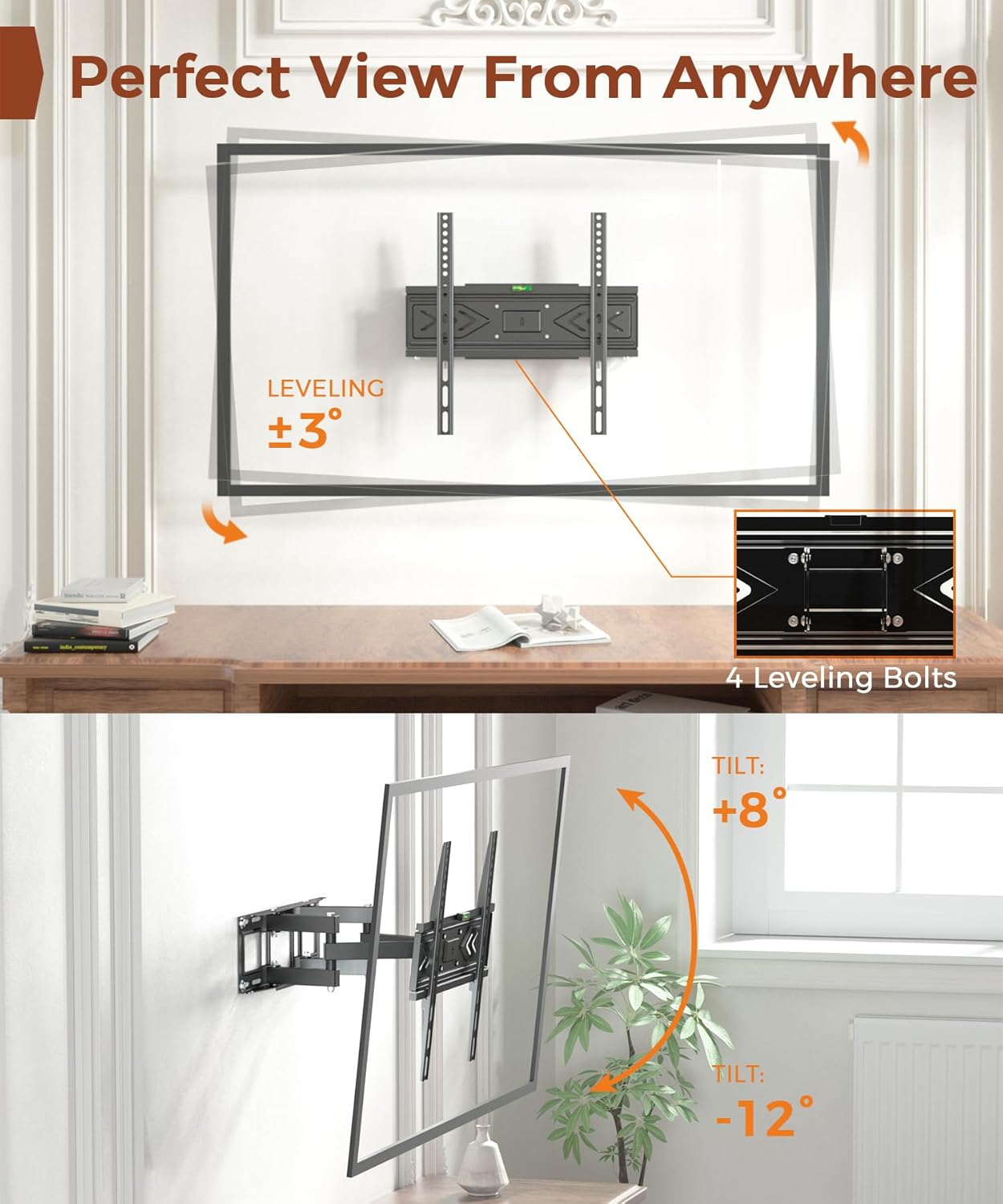 Solid As Mountain 50 55 65 inch 32-65 inch 400x400mm, 12" 16" 77 lbs TV Wall Mount for TVs, Full Motion Wall Mount TV