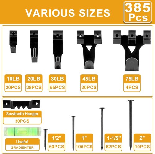 KURUI Picture Hanging Kit - 385Pcs Heavy Duty Hooks, Sawtooth & Nails for Frames | Black