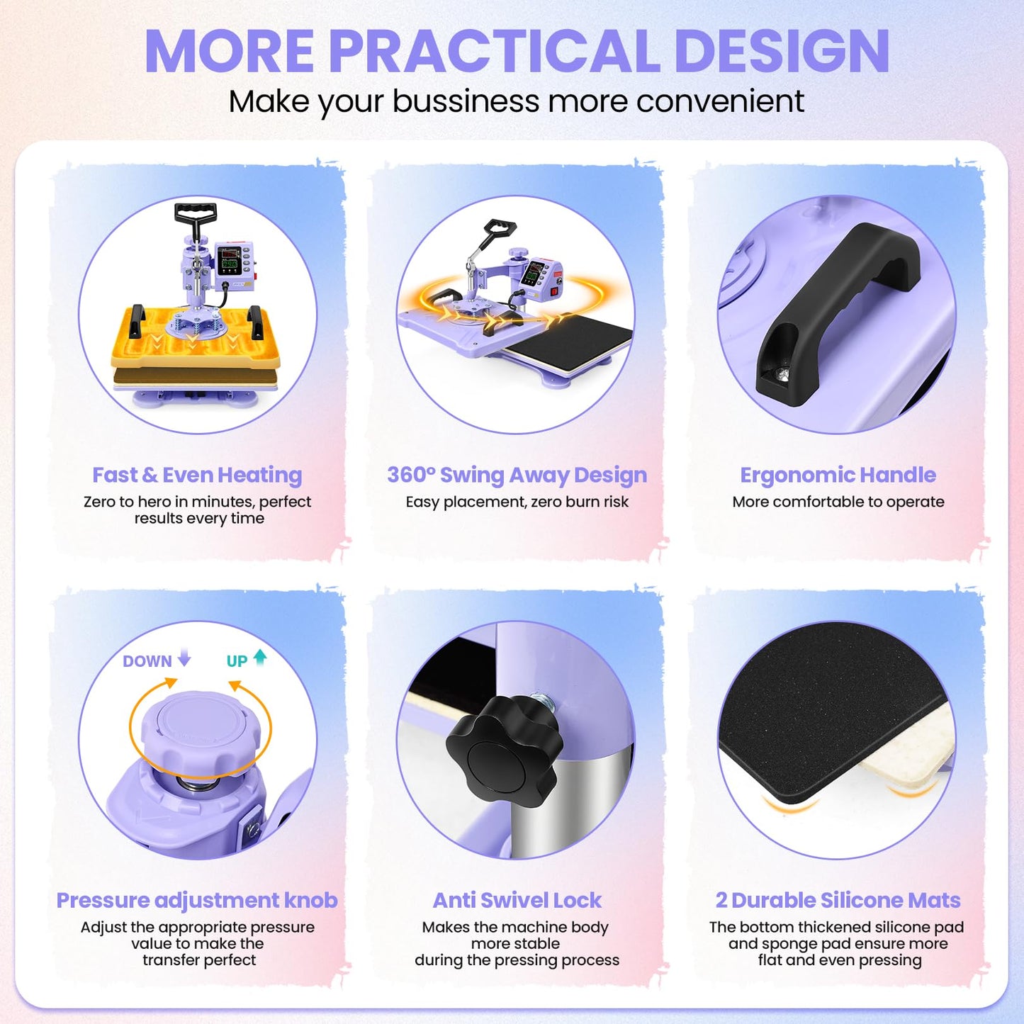 AKEYDIY Upgraded 8 in 1 Heat Press Machine for Tshirts 12X15 Inch, 360° Swing Away Shirt Press Machine for Sublimation, Multifunctional Heat Transfer Machine Combo for Shirts (Purple-8 in 1)