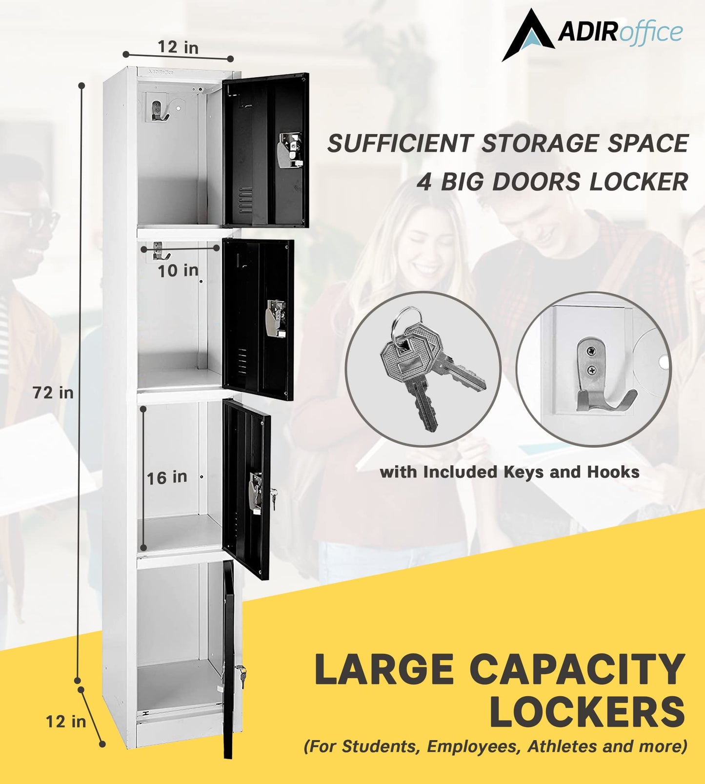 AdirOffice Large School Locker with 4 Doors 4 Hooks Storage Locker for Garage Storage - Office Storage Lockers (4 Door, Black)
