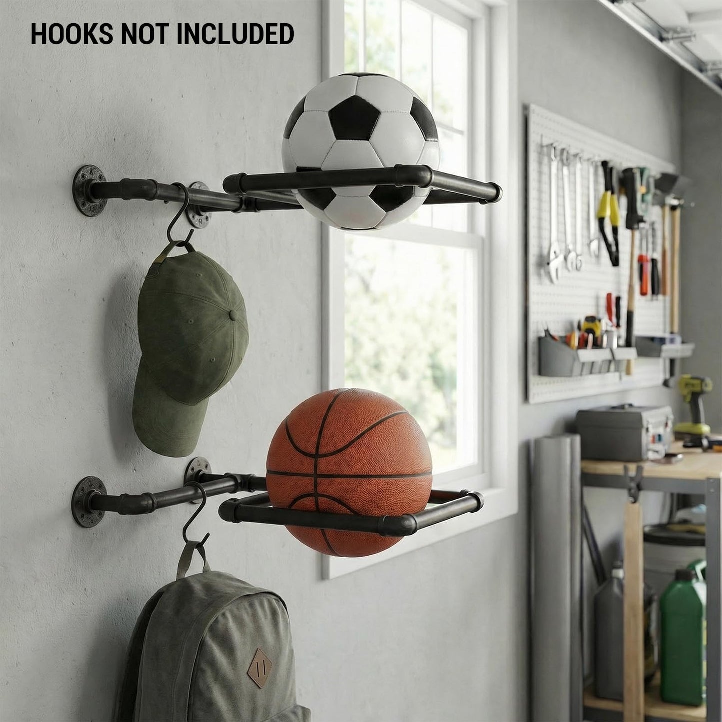 MyGift Set of 2 Yoga Ball Storage Wall Mount, Black Metal Pipe Racks for Exercise Ball Holder, Ball Storage for Home Gym or Studio