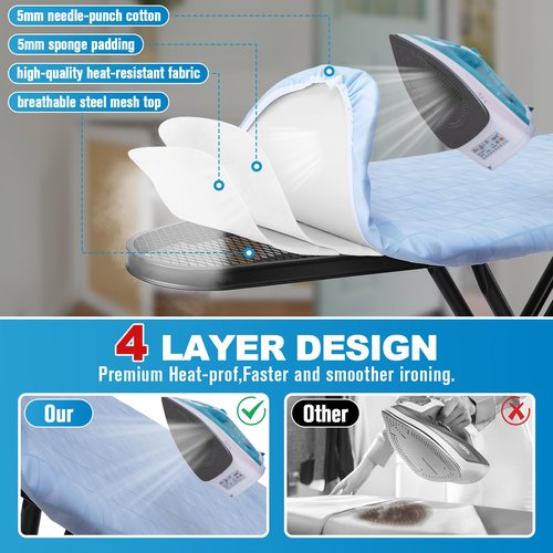 Ironing Board with Silicon Iron Mat Heavy Metal Frame Legs Iron Stand for Home, Laundry Room, Foldable Compact Ironing Board Wall Mount Hanger, Height Adjustable, 13x43in